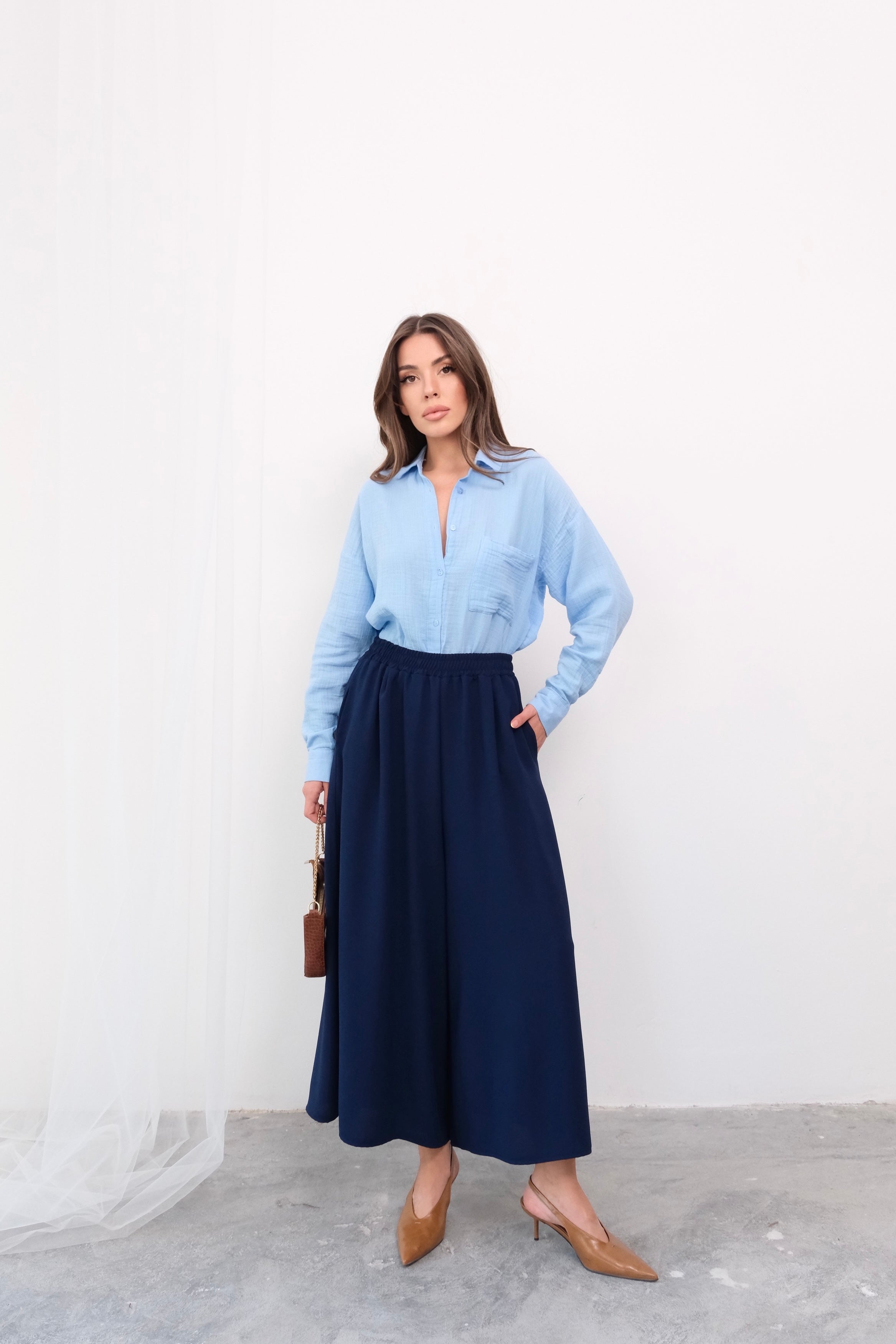 Beli Lastikli Geniş Kesim Kloş Double Krep Pantolon Etek 5187 - Lacivert