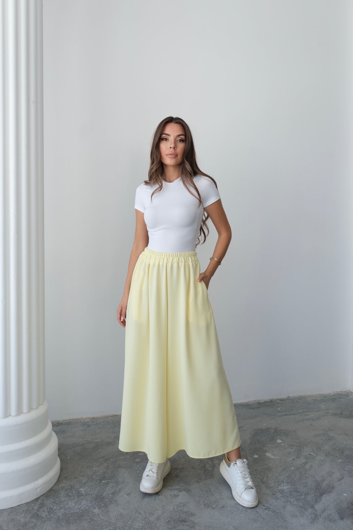 Beli Lastikli Geniş Kesim Kloş Double Krep Pantolon Etek 5187 - Sarı