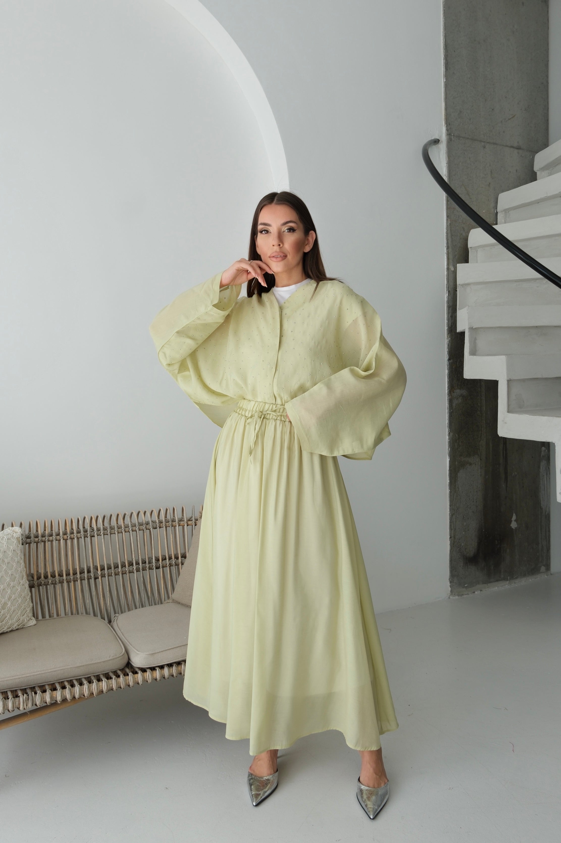Oversize Taş Detaylı Gömlek ve Dökümlü Astarlı Etek İkili Takım 8830 - Yeşil