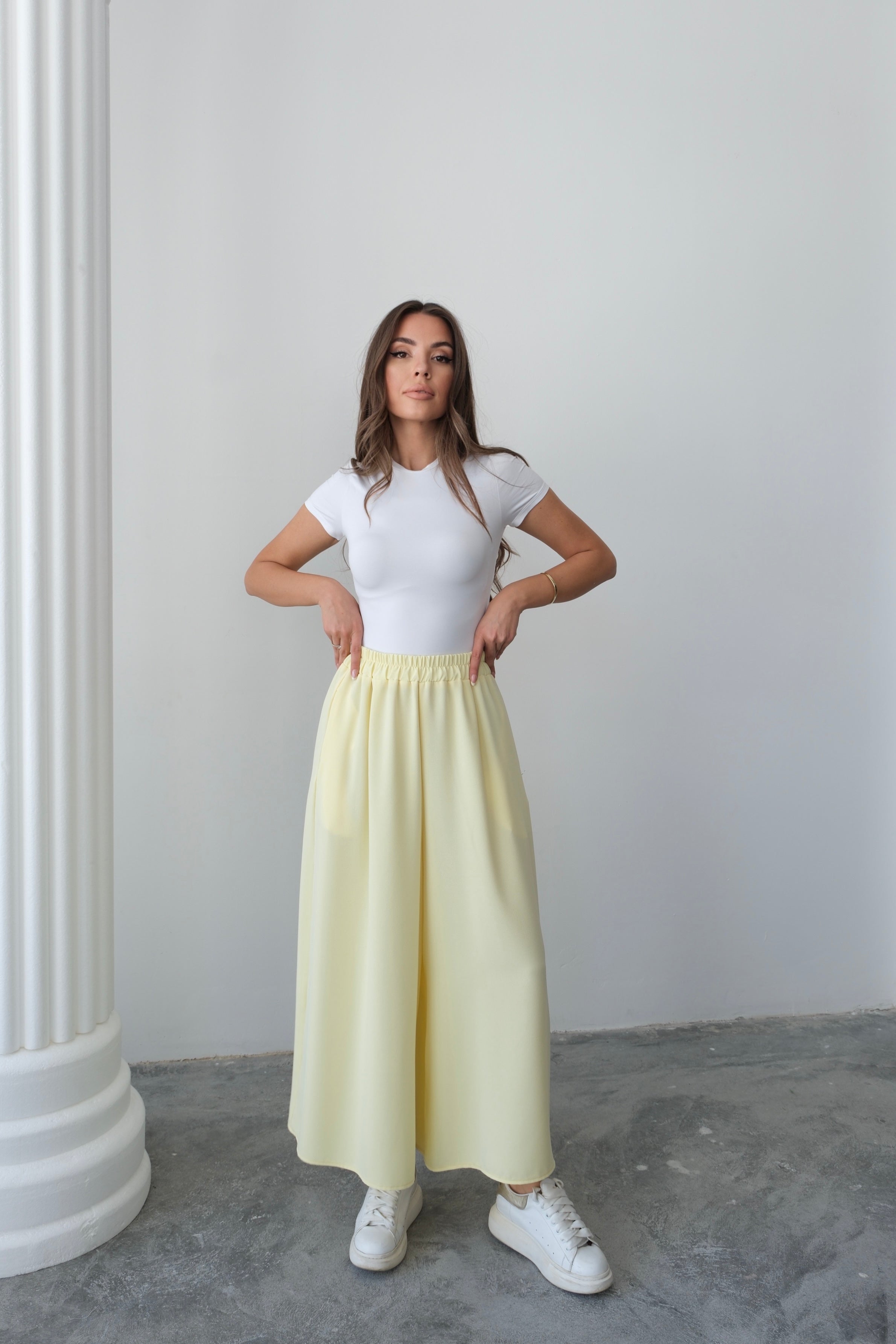 Beli Lastikli Geniş Kesim Kloş Double Krep Pantolon Etek 5187 - Sarı