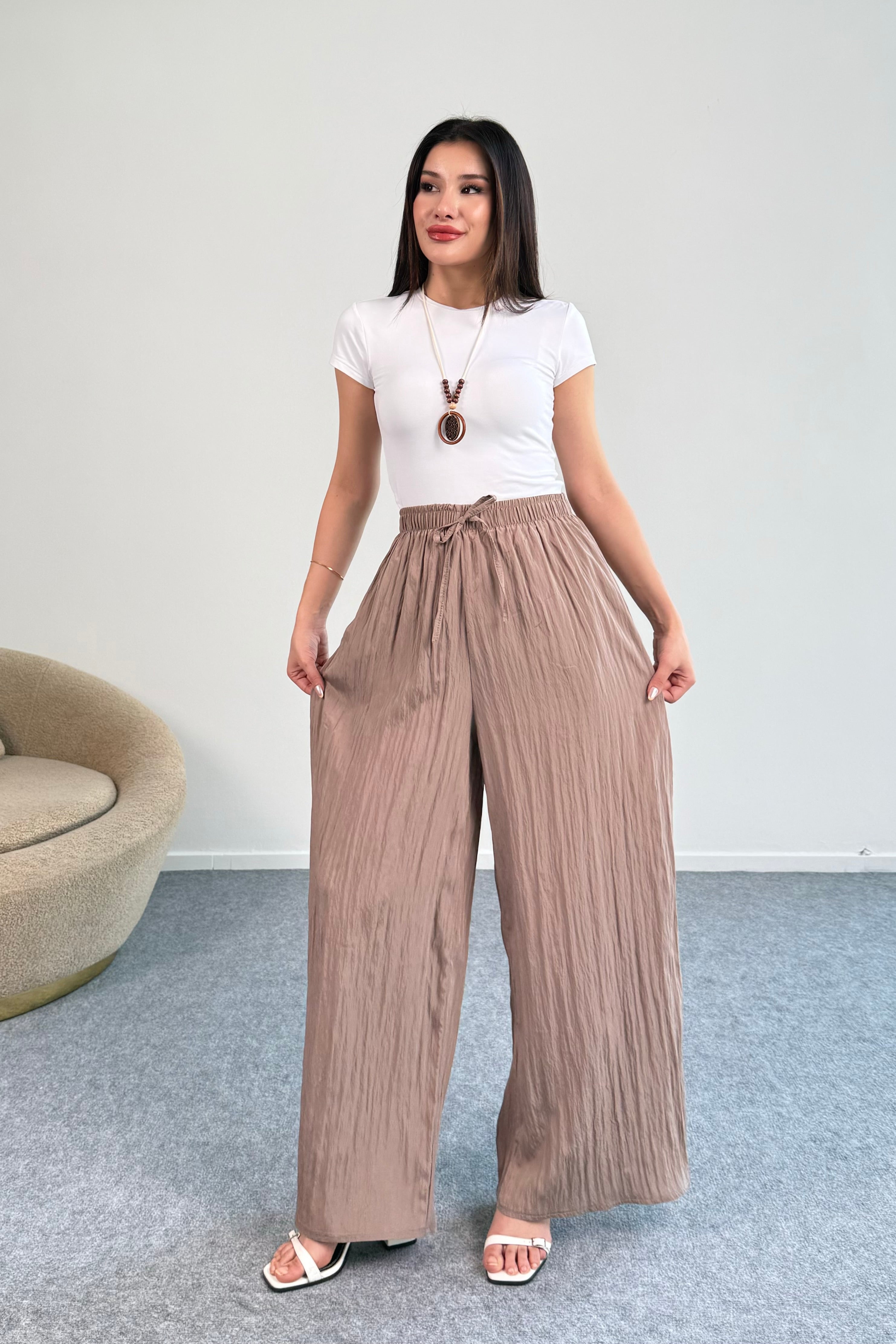 Kraşlı Beli Lastikli Modal Geniş Paça Palazzo Pantolon 8846 - Vizon