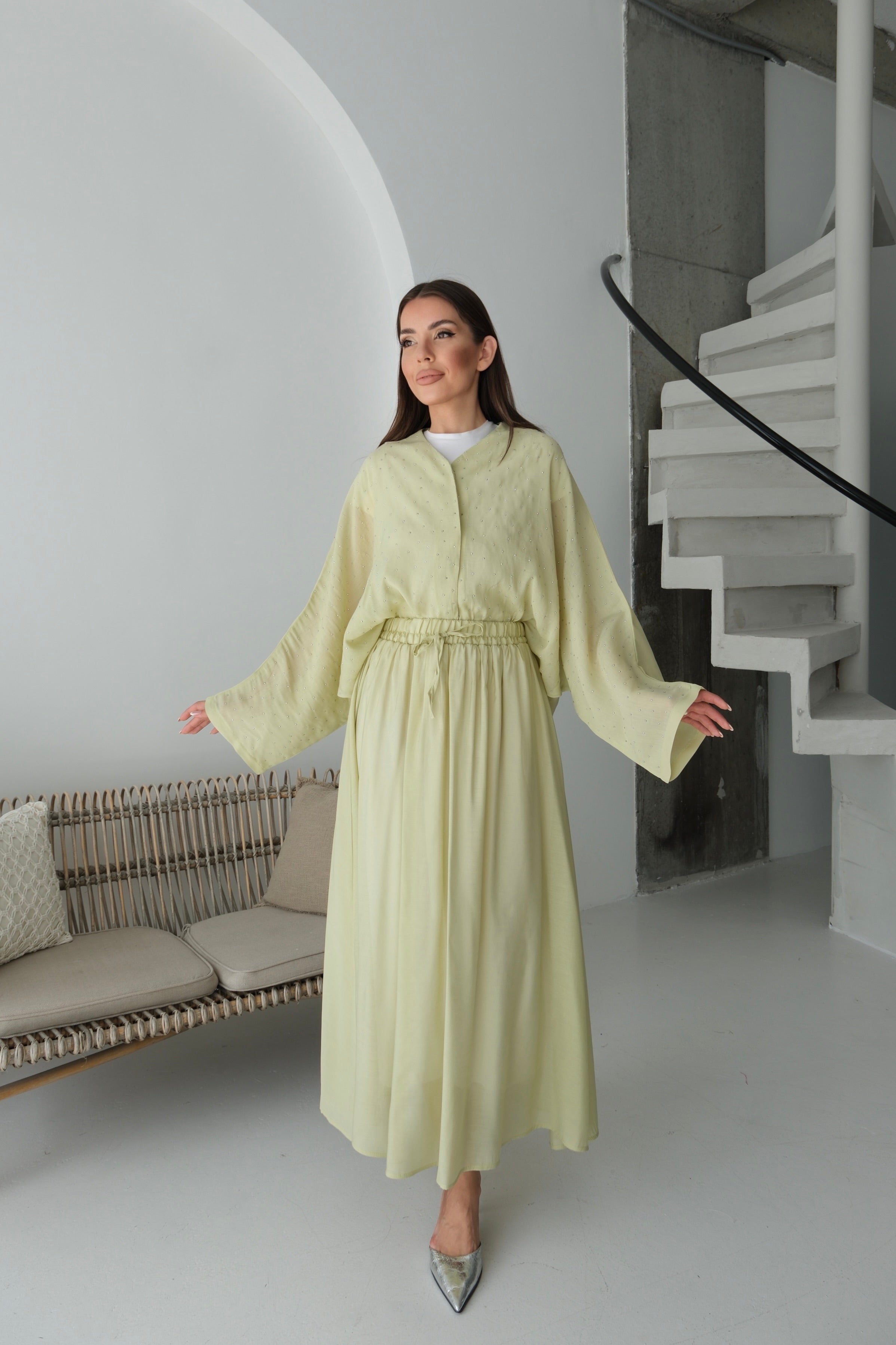 Oversize Taş Detaylı Gömlek ve Dökümlü Astarlı Etek İkili Takım 8830 - Yeşil