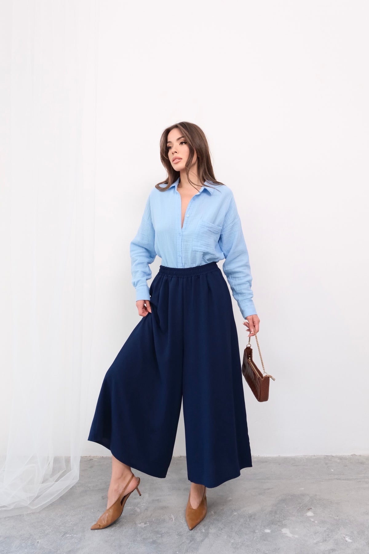 Beli Lastikli Geniş Kesim Kloş Double Krep Pantolon Etek 5187 - Lacivert