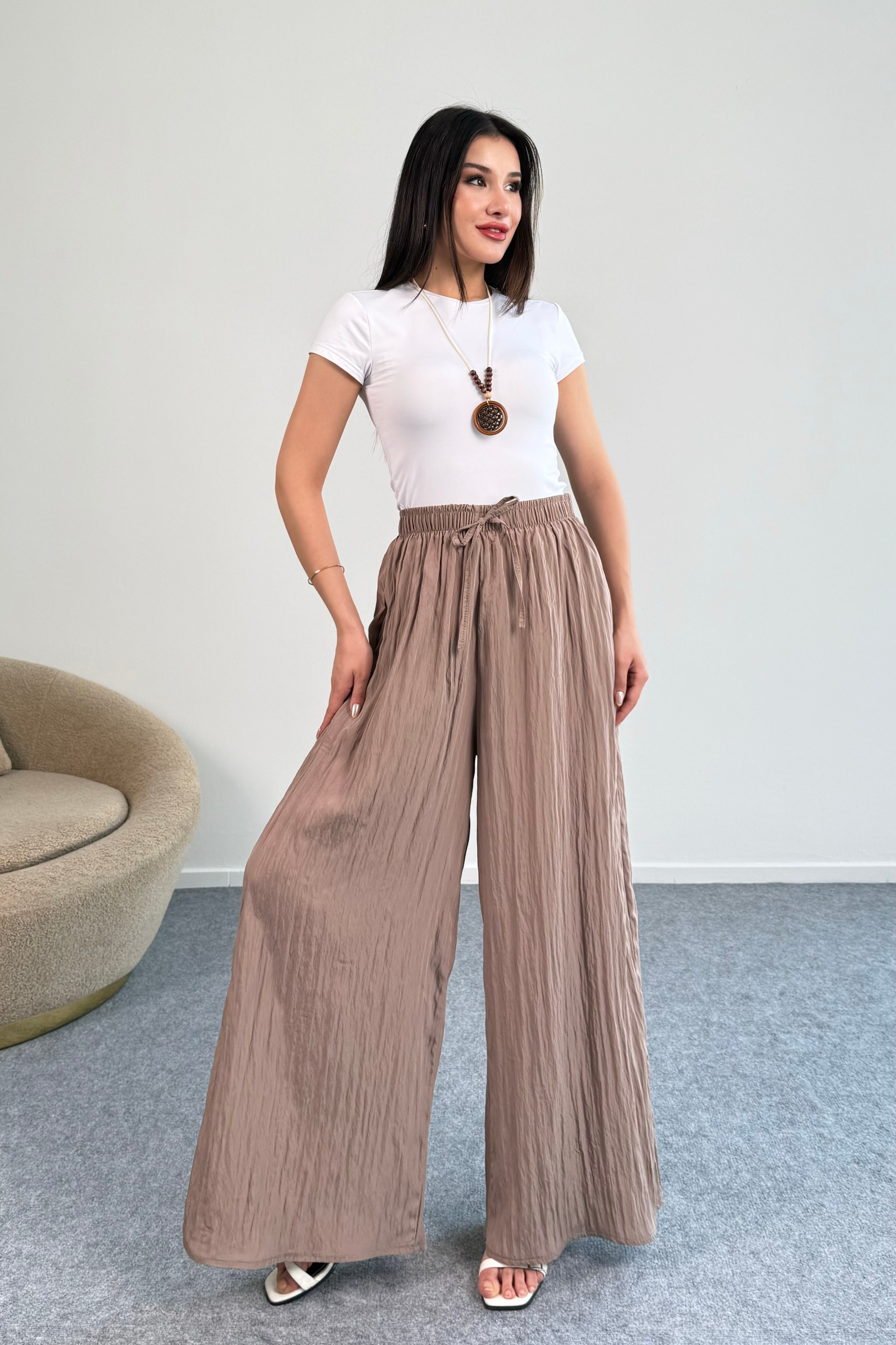 Kraşlı Beli Lastikli Modal Geniş Paça Palazzo Pantolon 8846 - Vizon