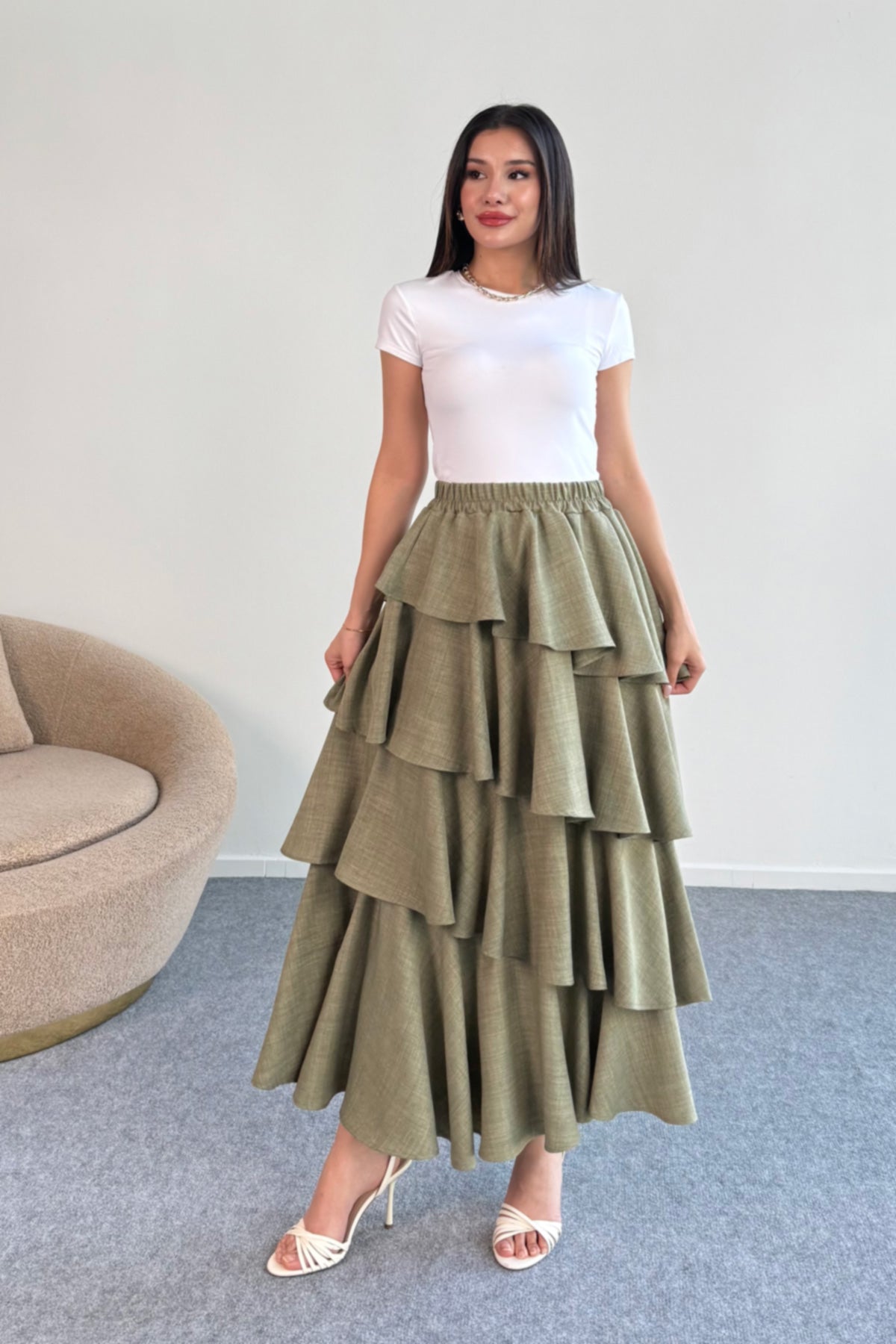 Hatun Atila Filamlı Keten Kumaş Fırfırlı Etek 5193 Haki