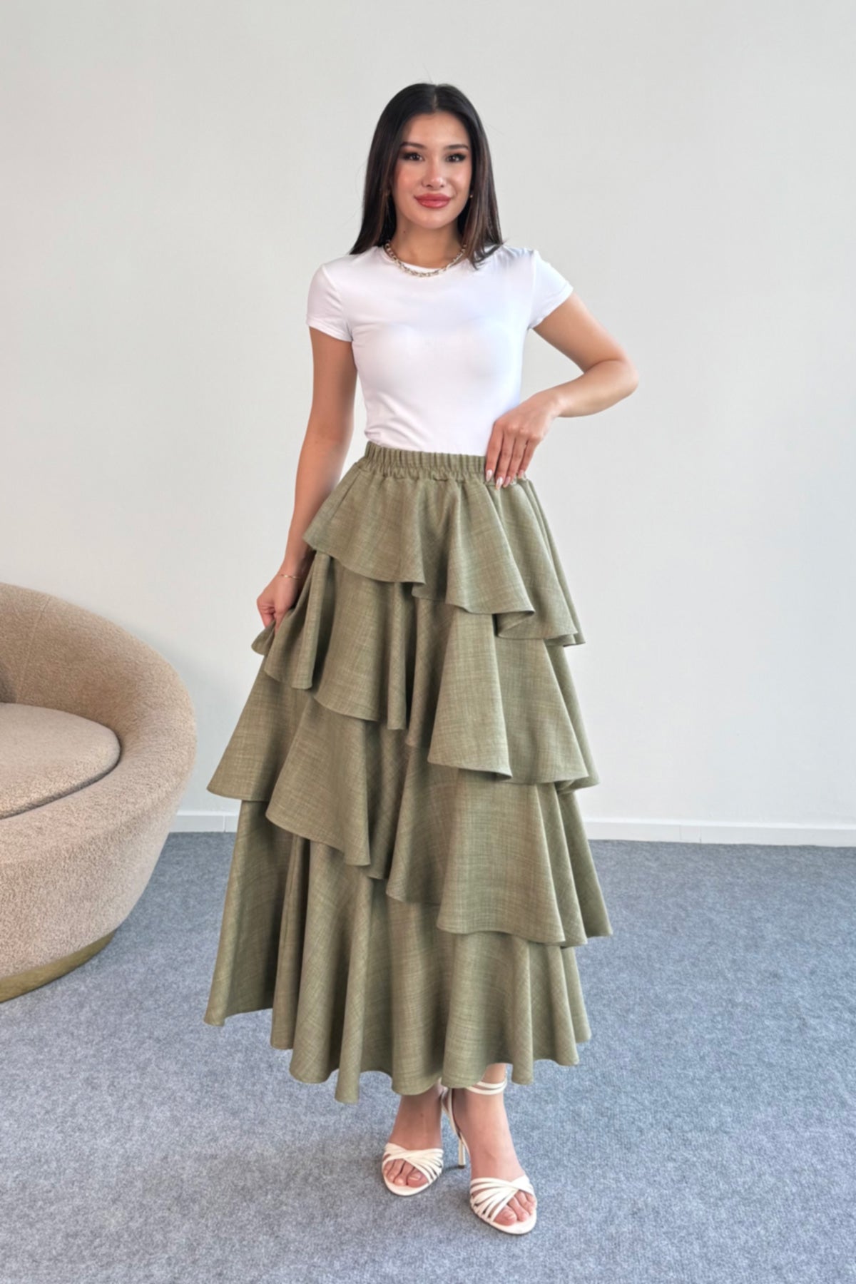 Hatun Atila Filamlı Keten Kumaş Fırfırlı Etek 5193 Haki