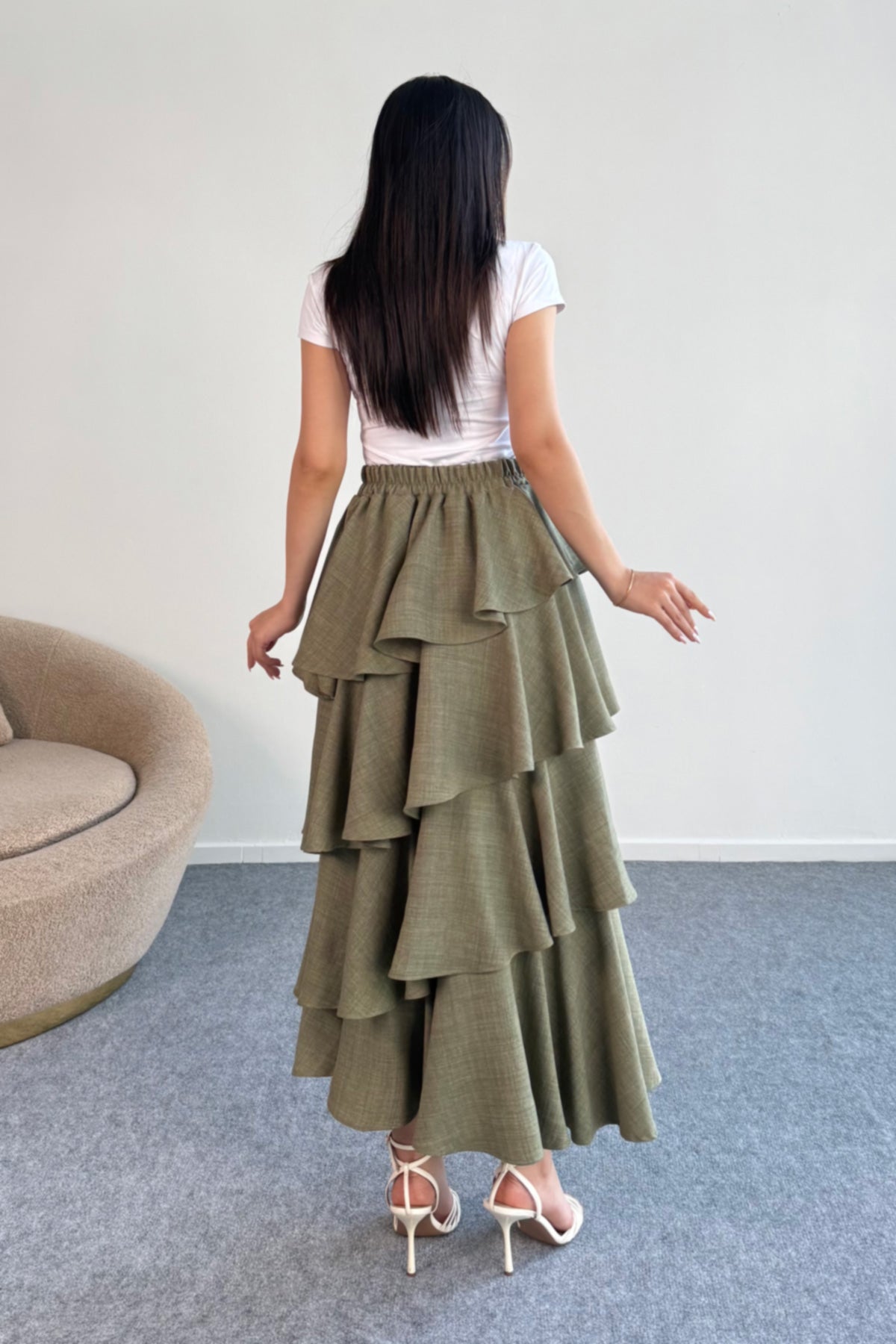 Hatun Atila Filamlı Keten Kumaş Fırfırlı Etek 5193 Haki