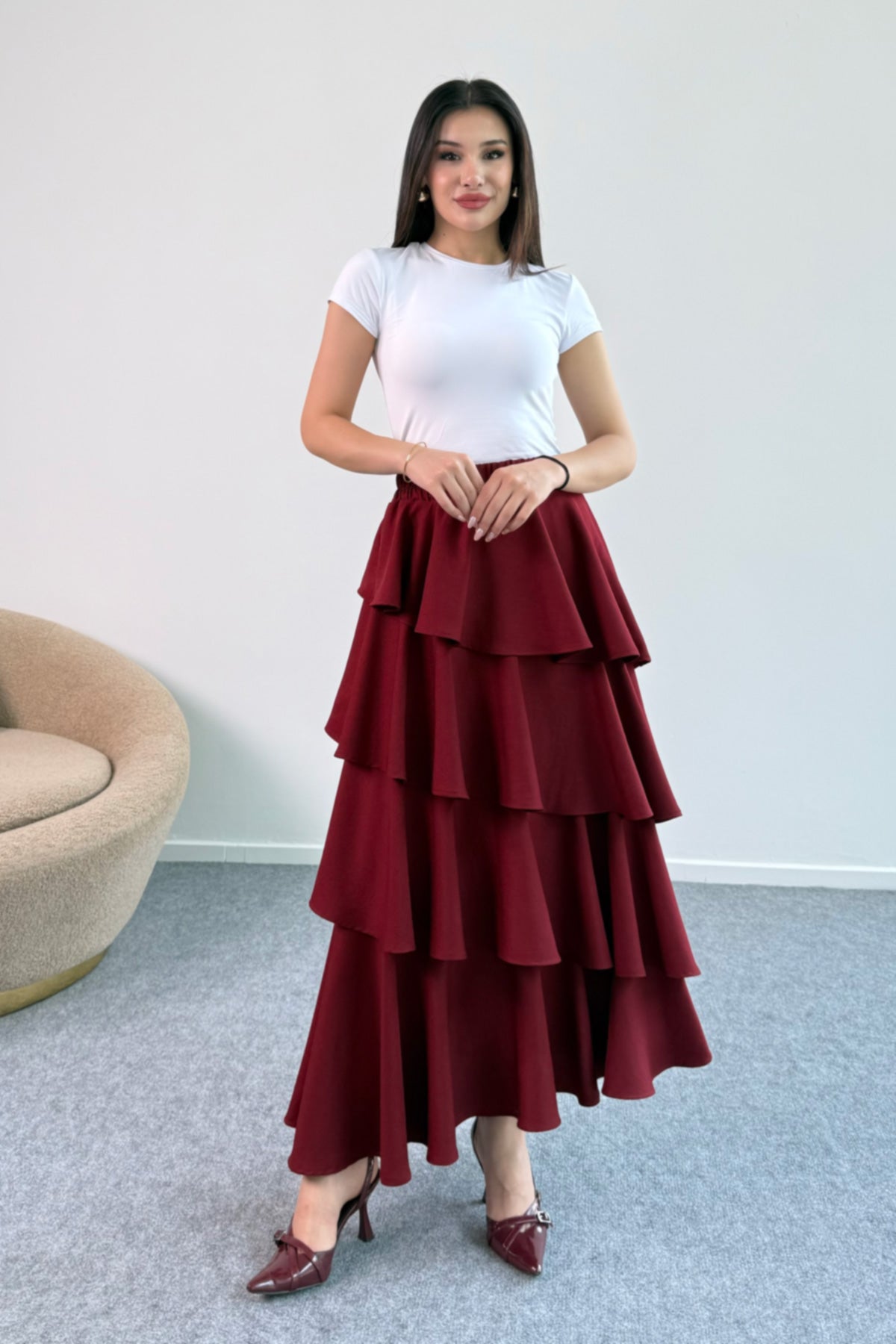 Hatun Atila Filamlı Keten Kumaş Fırfırlı Etek 5193 Bordo