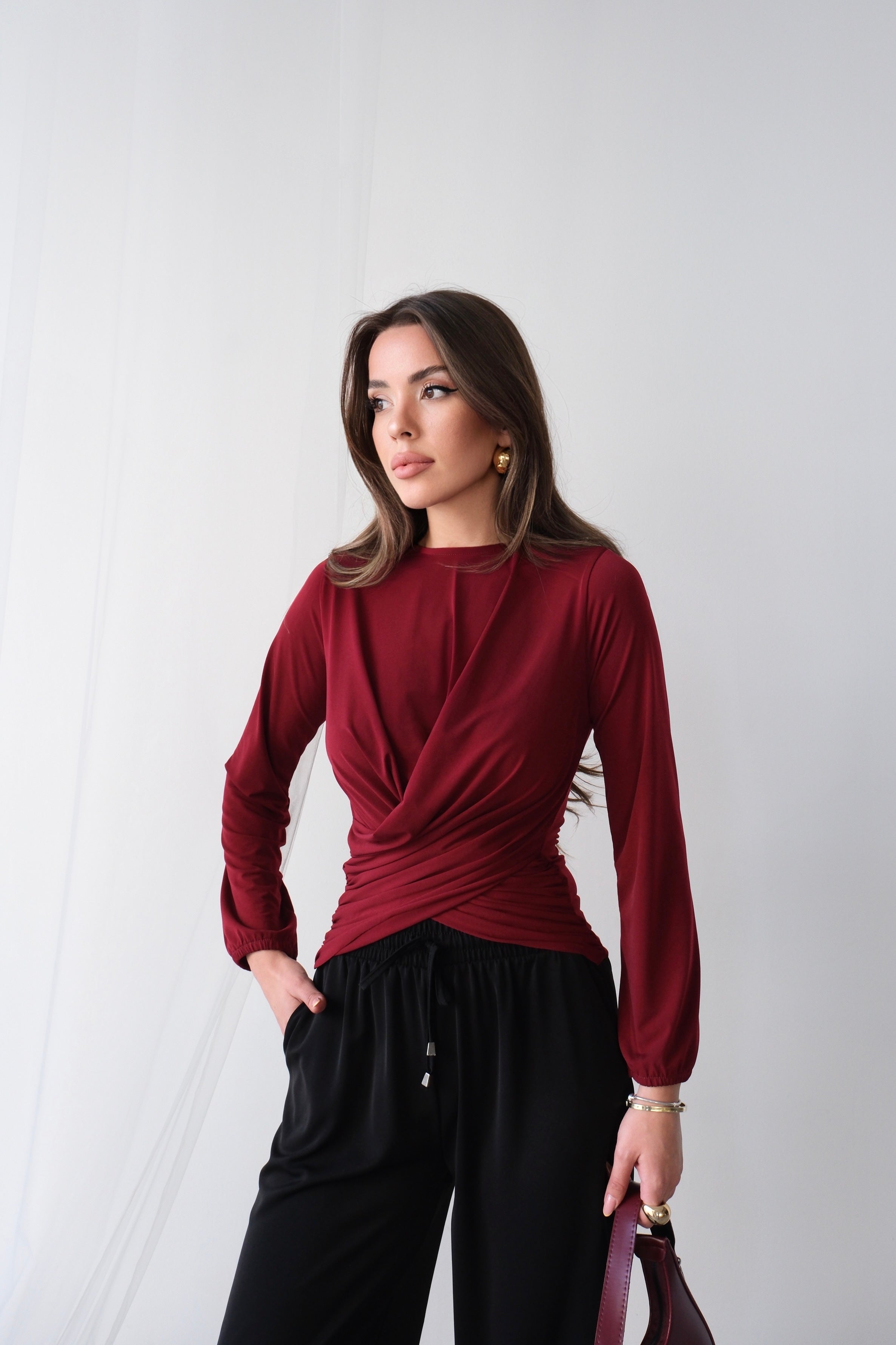 Wrap Detaylı Kruvaze Kesim Uzun Kollu Bluz 2000 - Bordo