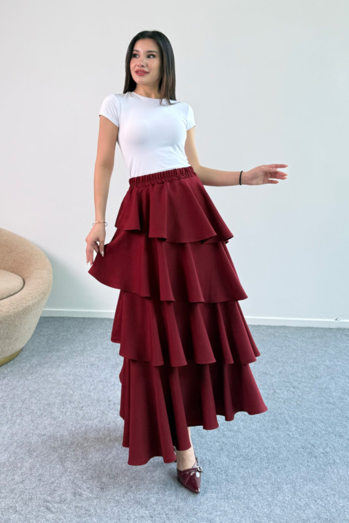Hatun Atila Filamlı Keten Kumaş Fırfırlı Etek 5193 Bordo