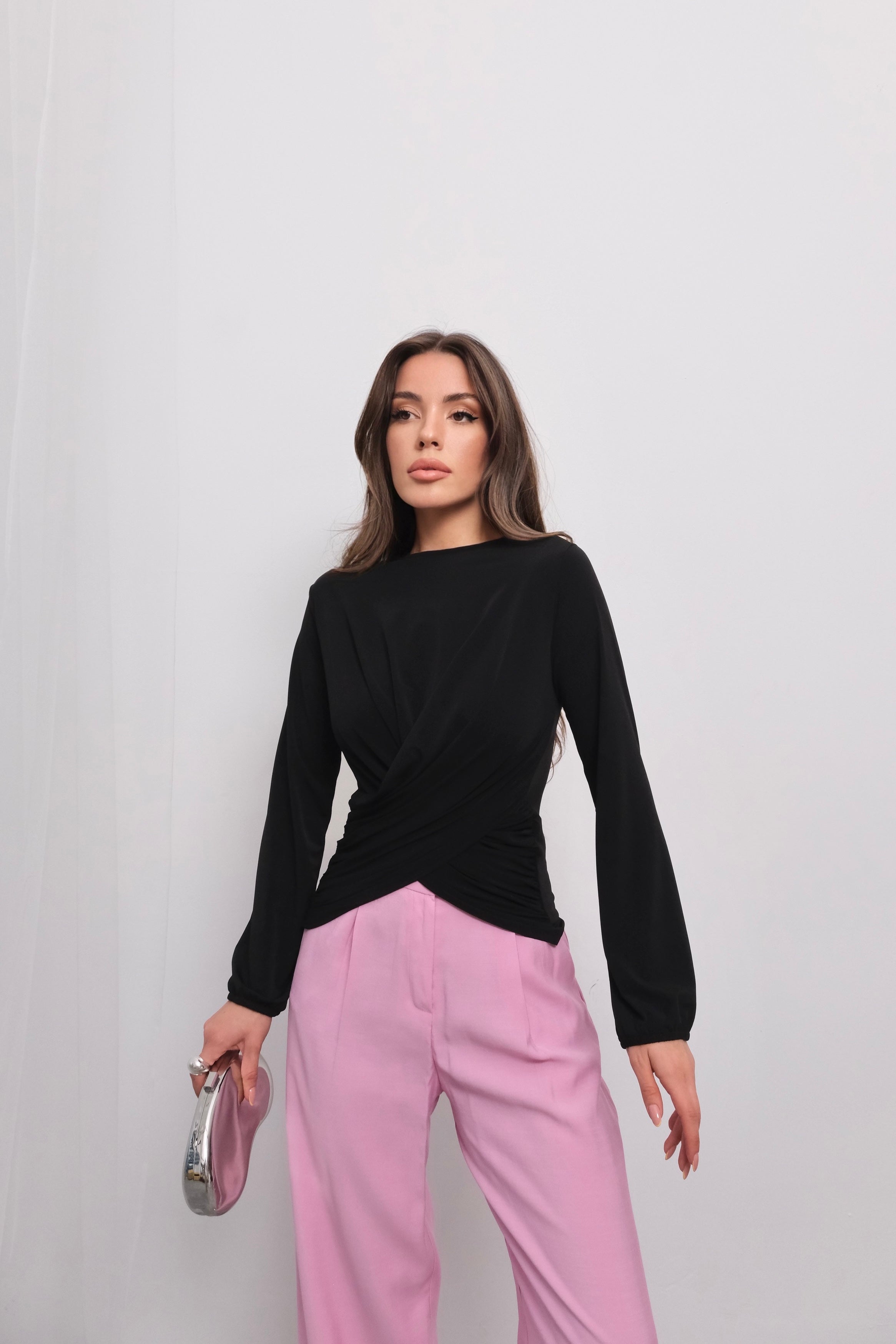 Wrap Detaylı Kruvaze Kesim Uzun Kollu Bluz 2000 - Siyah