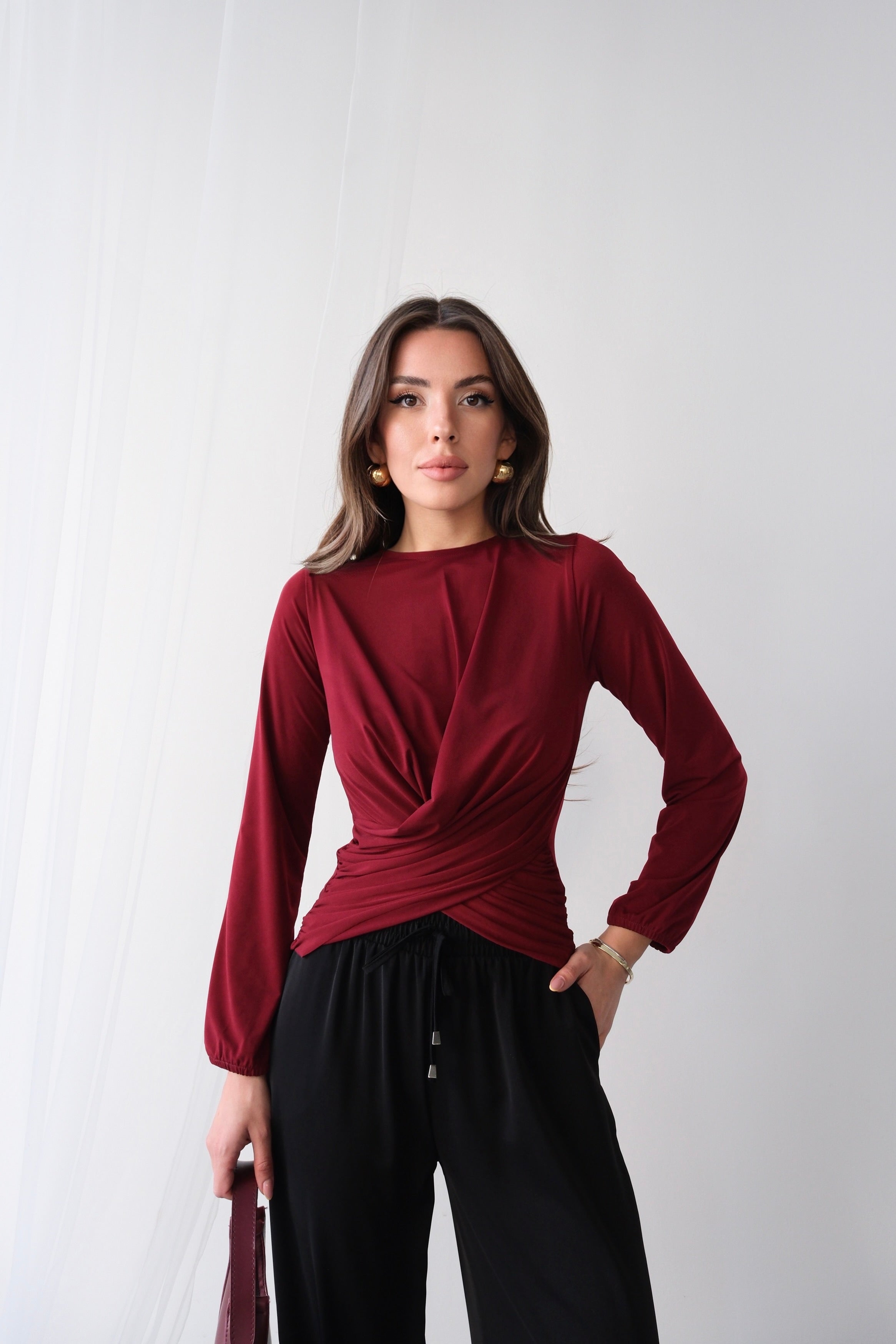 Wrap Detaylı Kruvaze Kesim Uzun Kollu Bluz 2000 - Bordo
