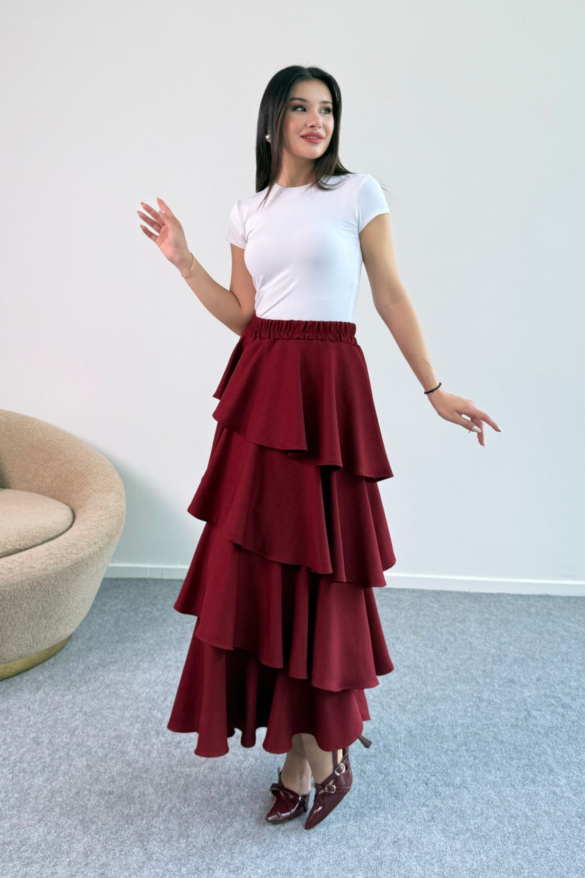 Hatun Atila Filamlı Keten Kumaş Fırfırlı Etek 5193 Bordo