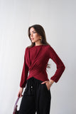 Wrap Detaylı Kruvaze Kesim Uzun Kollu Bluz 2000 - Bordo