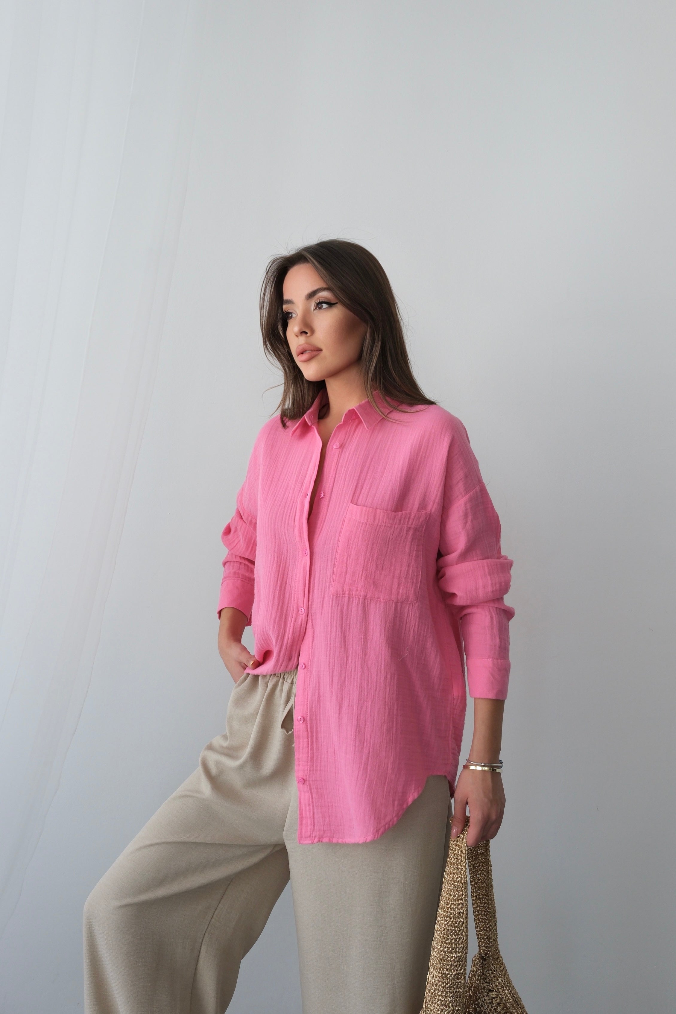 Yazlık Rahat Kesim Müslin Kumaş Uzun Kollu Gömlek 3833 - Pembe