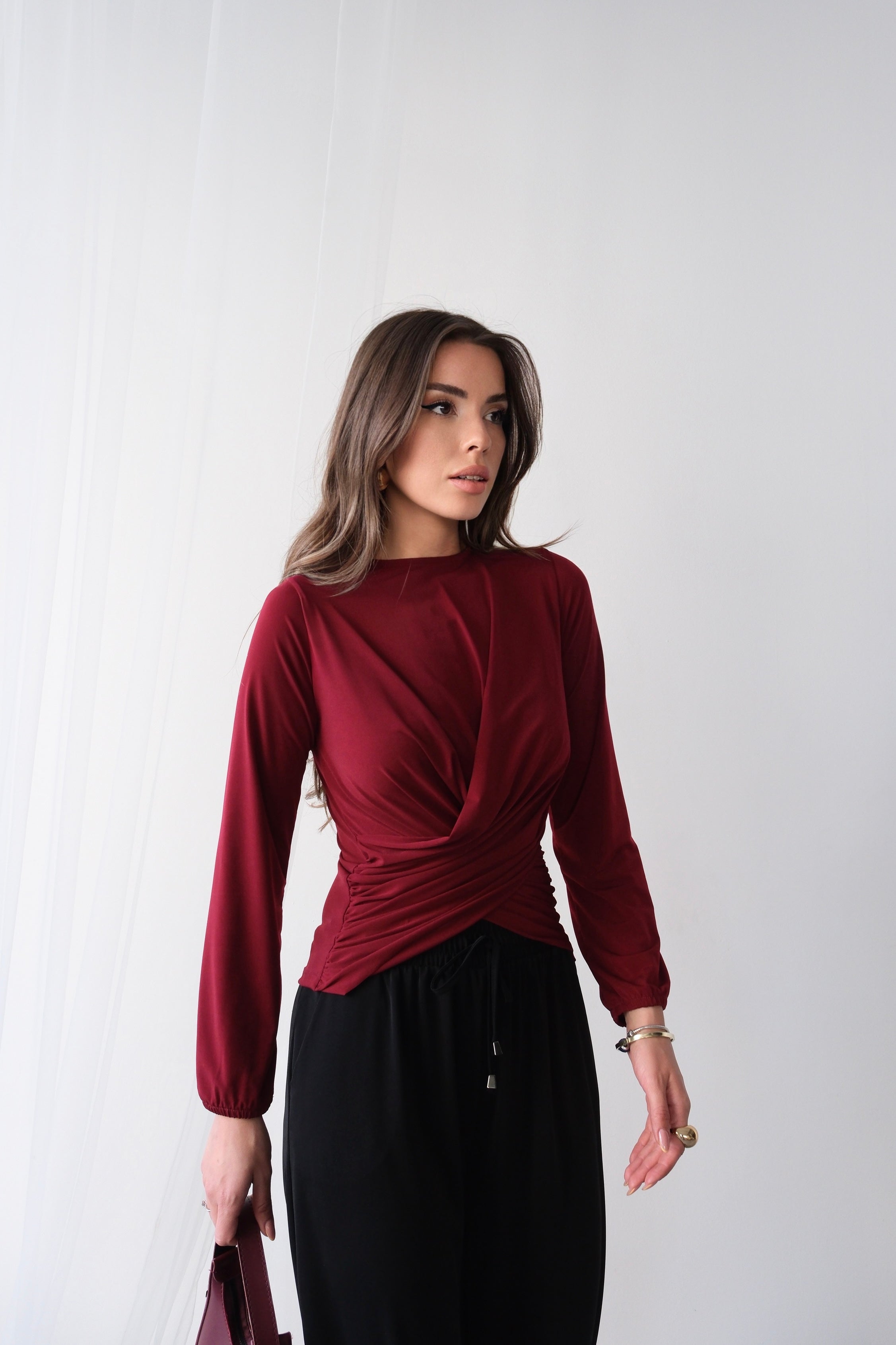 Wrap Detaylı Kruvaze Kesim Uzun Kollu Bluz 2000 - Bordo