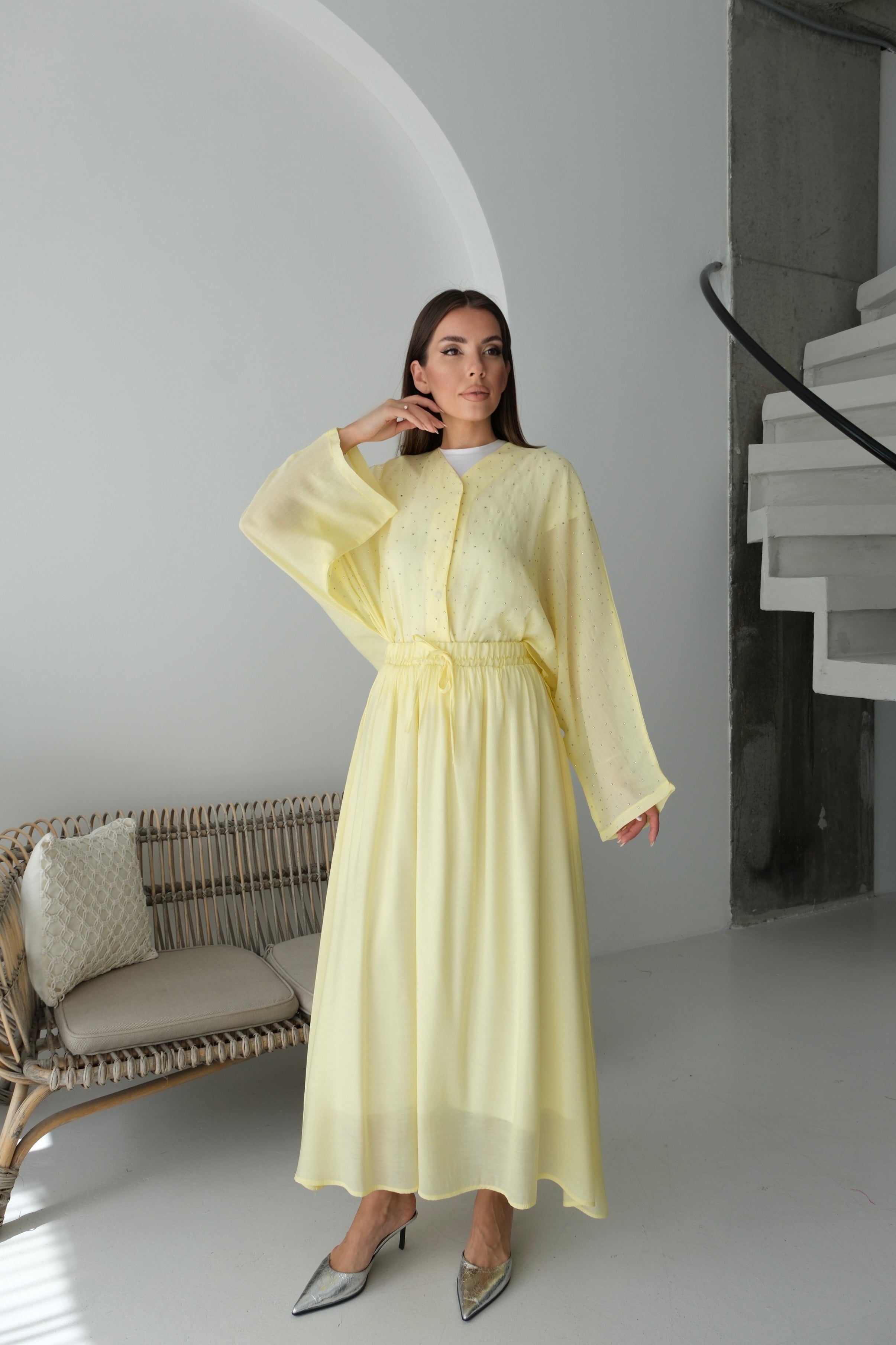Oversize Taş Detaylı Gömlek ve Dökümlü Astarlı Etek İkili Takım 8830 - Sarı