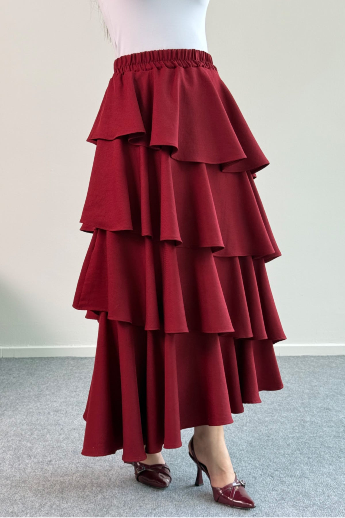 Hatun Atila Filamlı Keten Kumaş Fırfırlı Etek 5193 Bordo