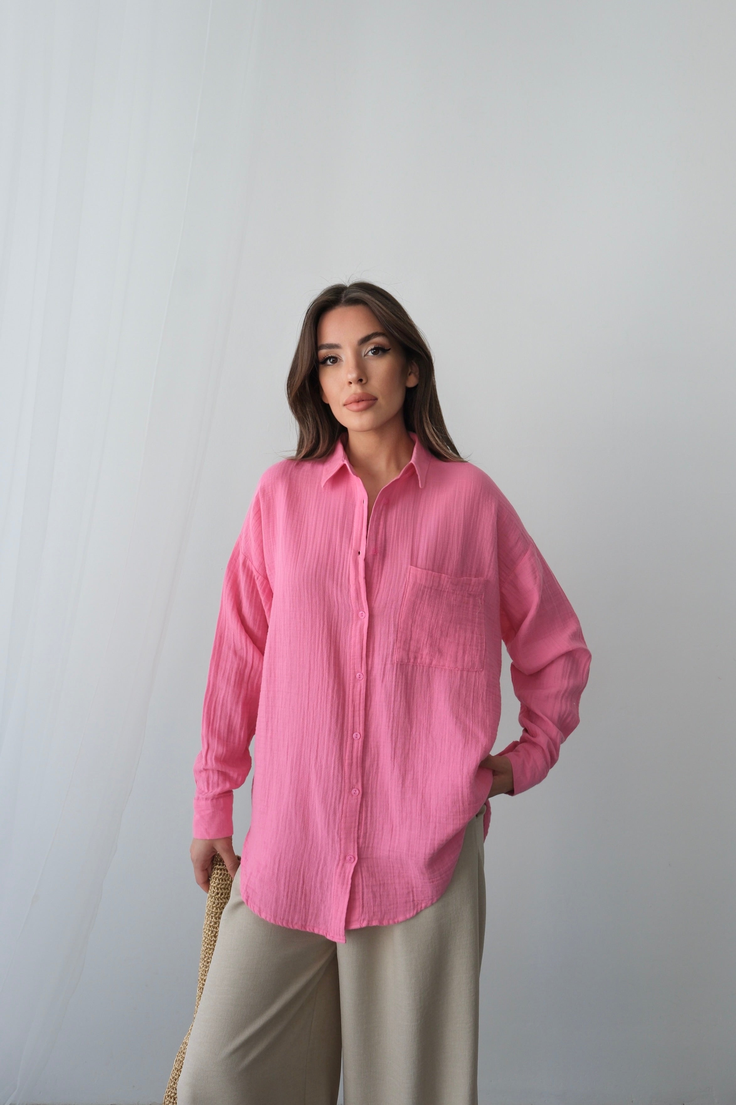Yazlık Rahat Kesim Müslin Kumaş Uzun Kollu Gömlek 3833 - Pembe