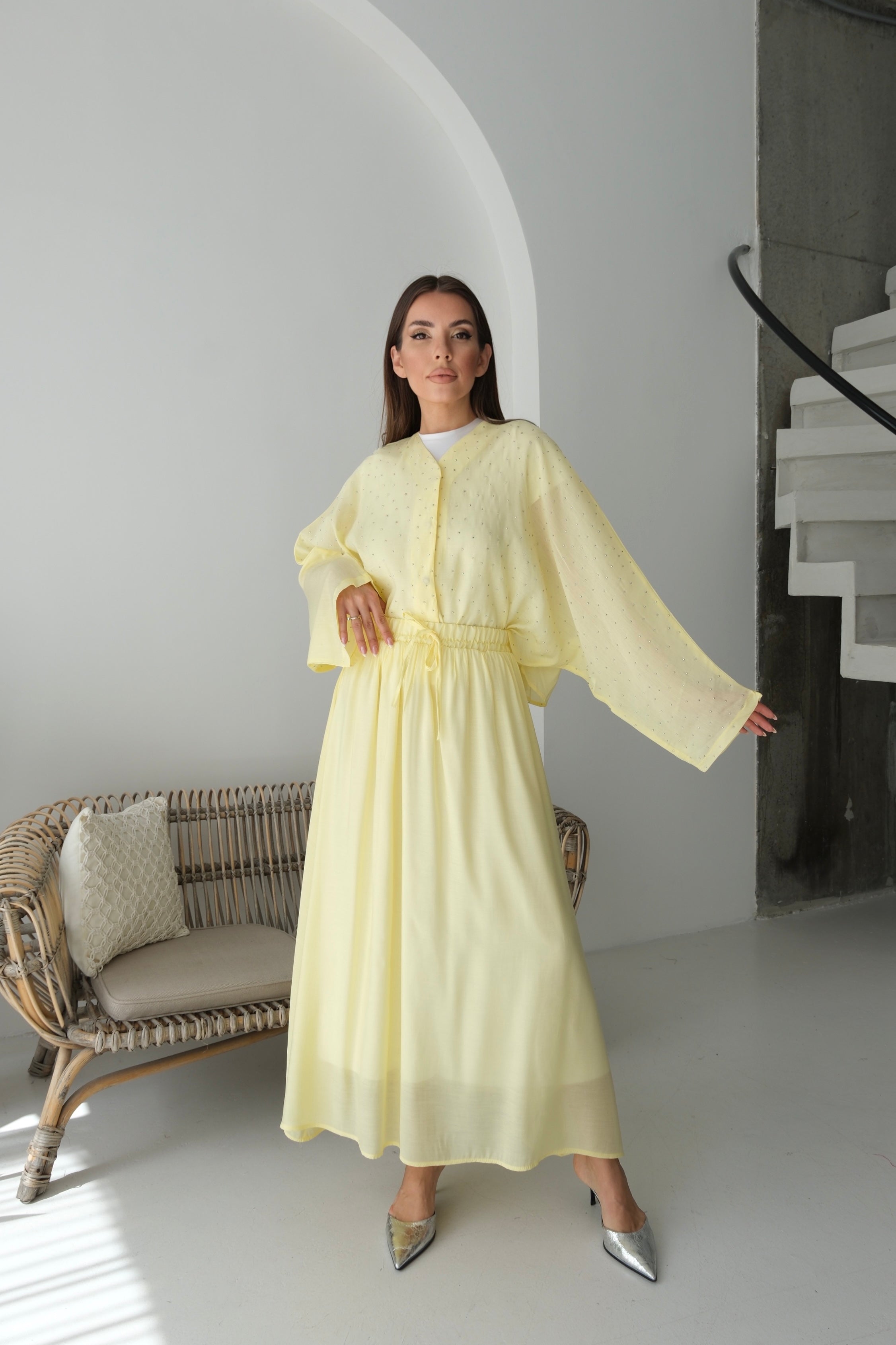 Oversize Taş Detaylı Gömlek ve Dökümlü Astarlı Etek İkili Takım 8830 - Sarı