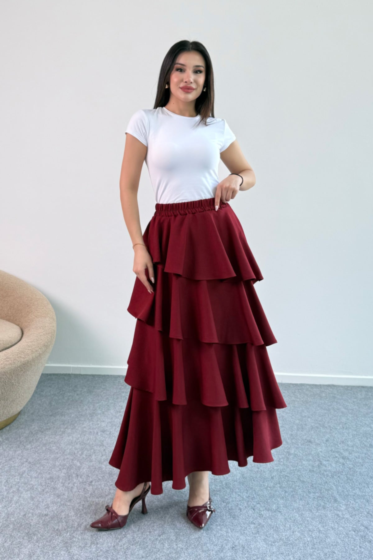 Hatun Atila Filamlı Keten Kumaş Fırfırlı Etek 5193 Bordo