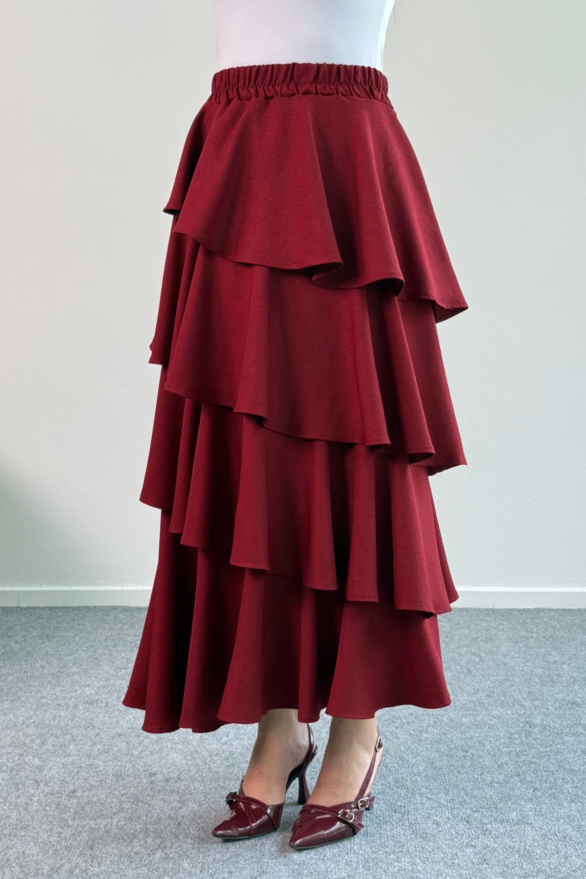 Hatun Atila Filamlı Keten Kumaş Fırfırlı Etek 5193 Bordo
