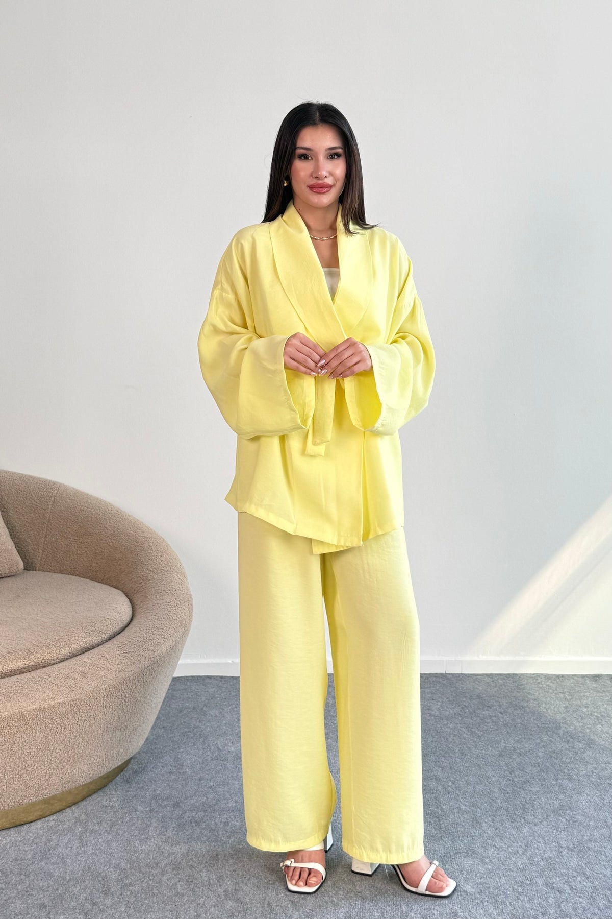 Bağlamalı Kimono Ceket ve Geniş Paça Pantolon İkili Takım 8026 - Sarı