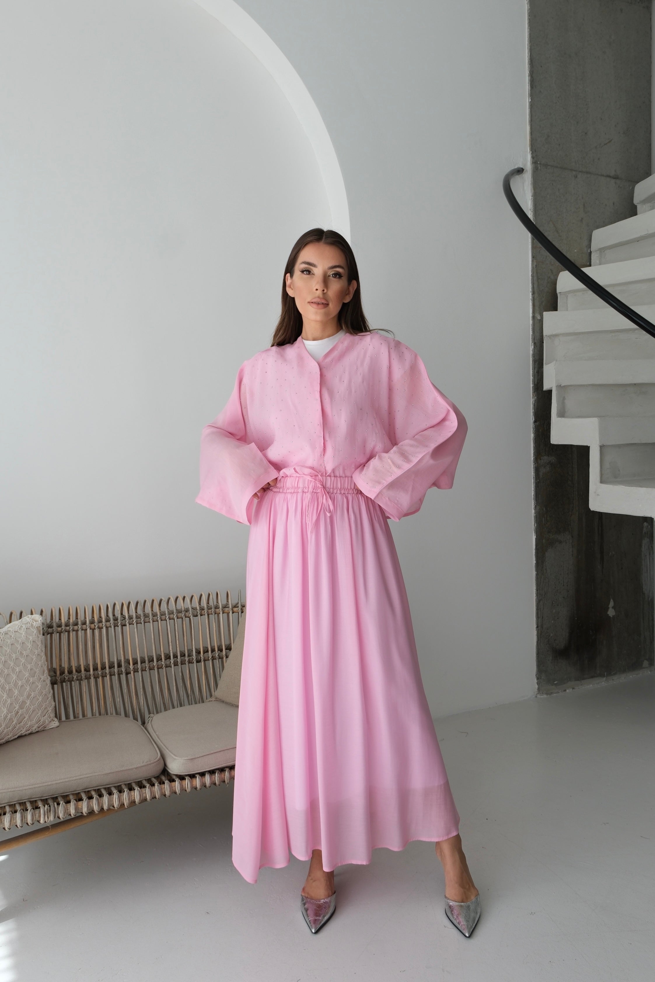 Oversize Taş Detaylı Gömlek ve Dökümlü Astarlı Etek İkili Takım 8830 - Pembe