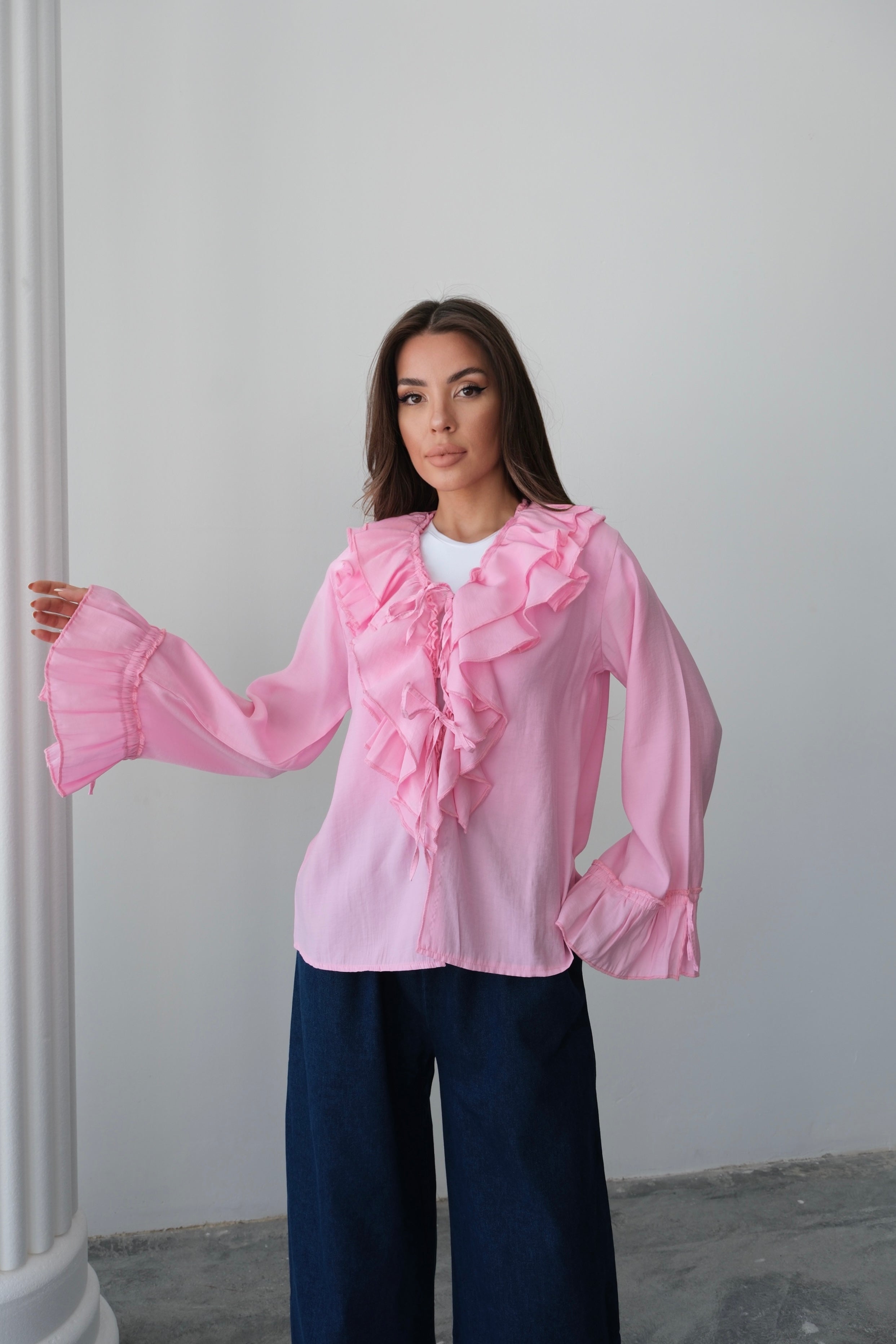 Fırfırlı Bağlama Detaylı Uzun Kollu Bluz 8834 - Pembe
