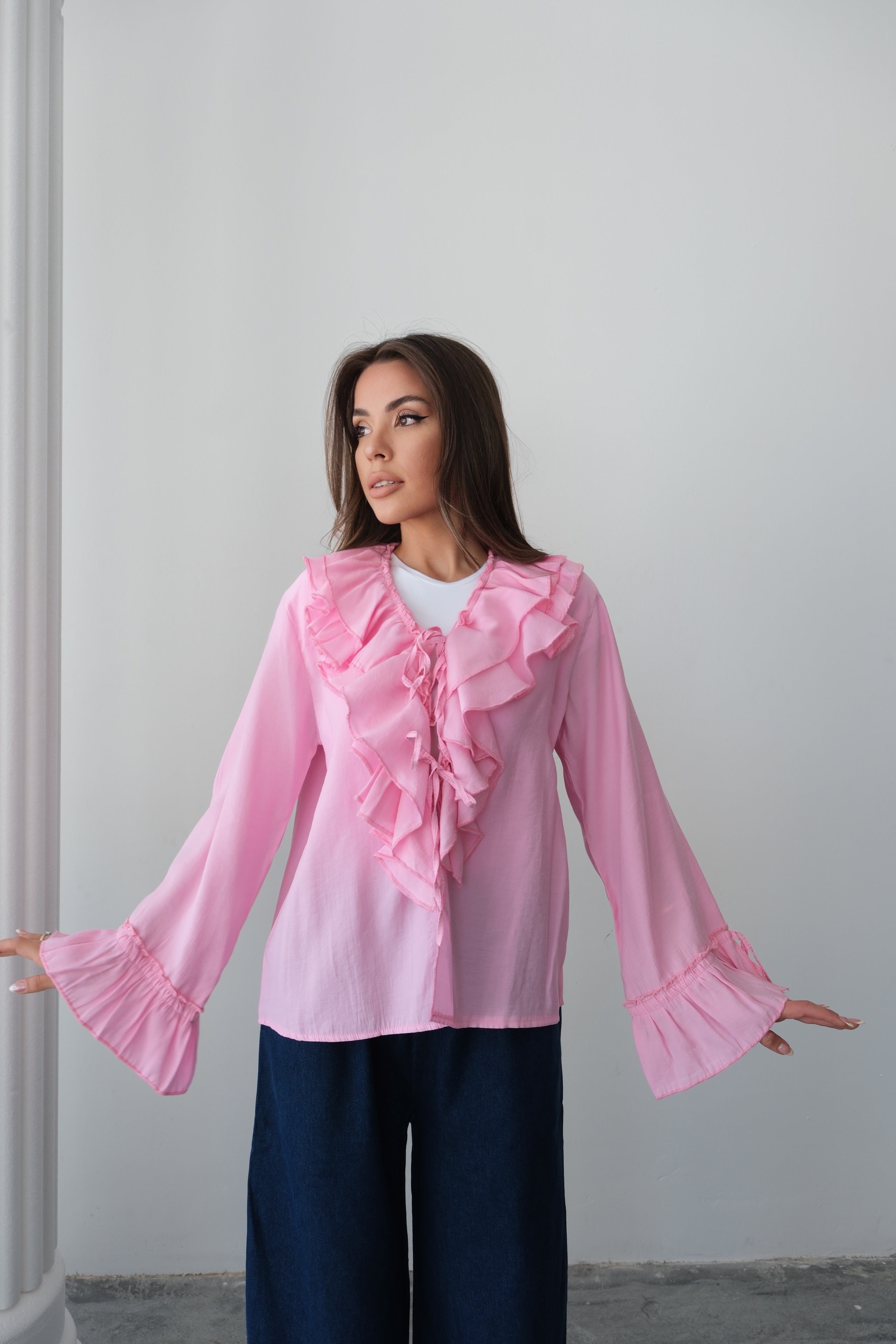 Fırfırlı Bağlama Detaylı Uzun Kollu Bluz 8834 - Pembe