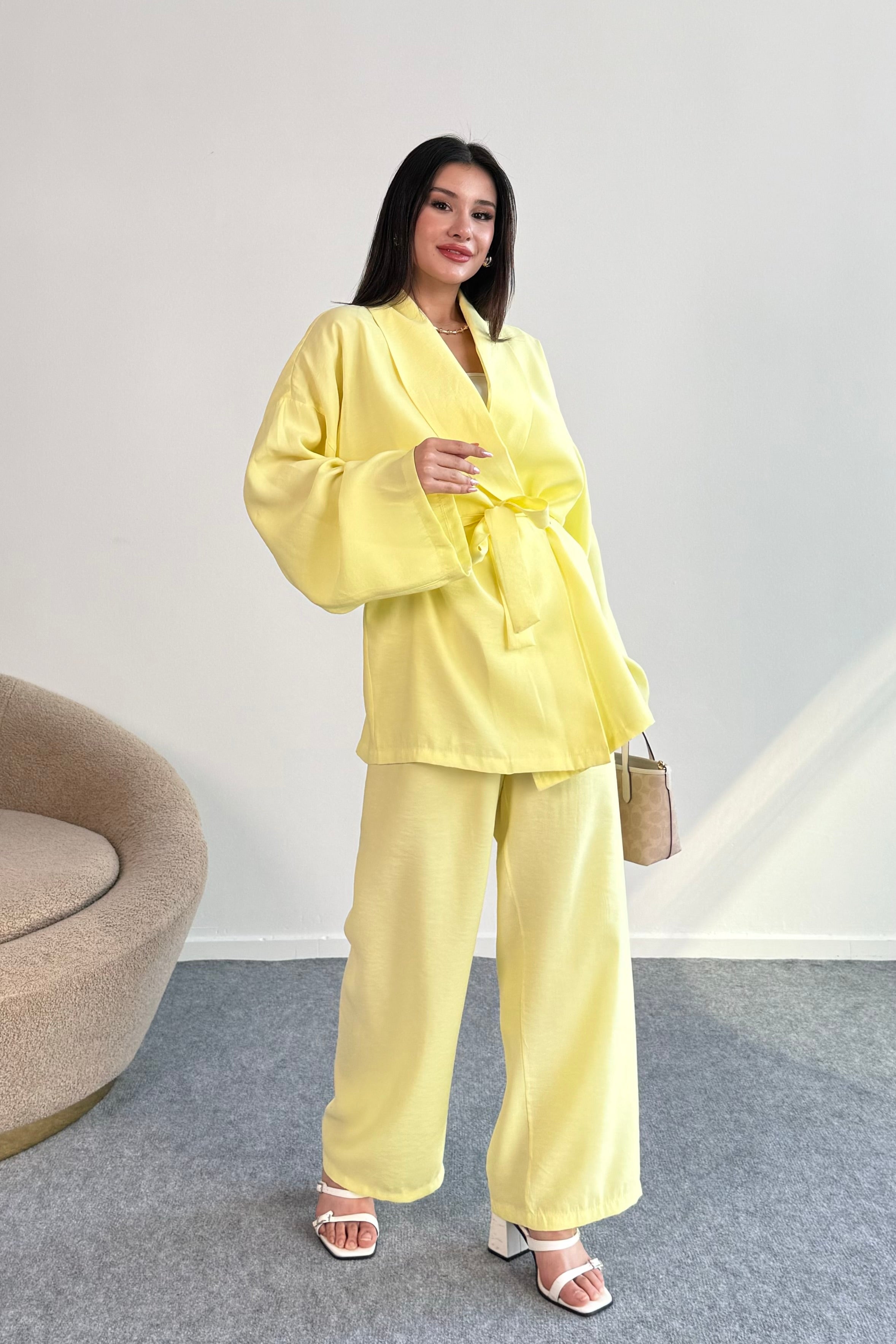 Bağlamalı Kimono Ceket ve Geniş Paça Pantolon İkili Takım 8026 - Sarı