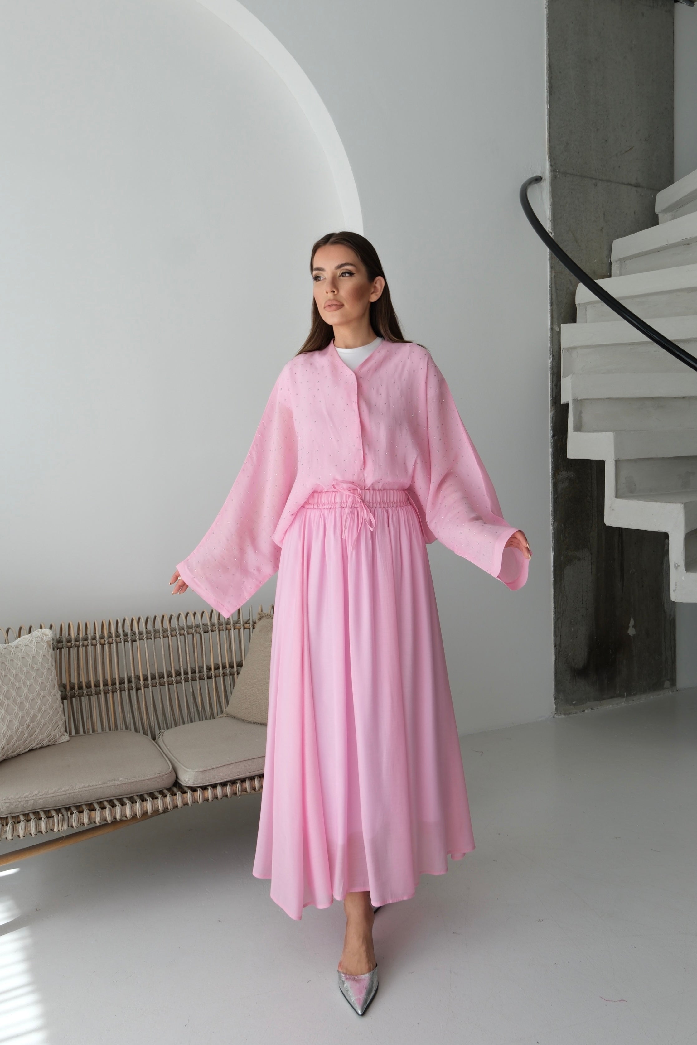 Oversize Taş Detaylı Gömlek ve Dökümlü Astarlı Etek İkili Takım 8830 - Pembe