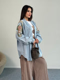 Çiçek Nakış Detaylı Oversize Denim Ceket 8829 - Açık Mavi