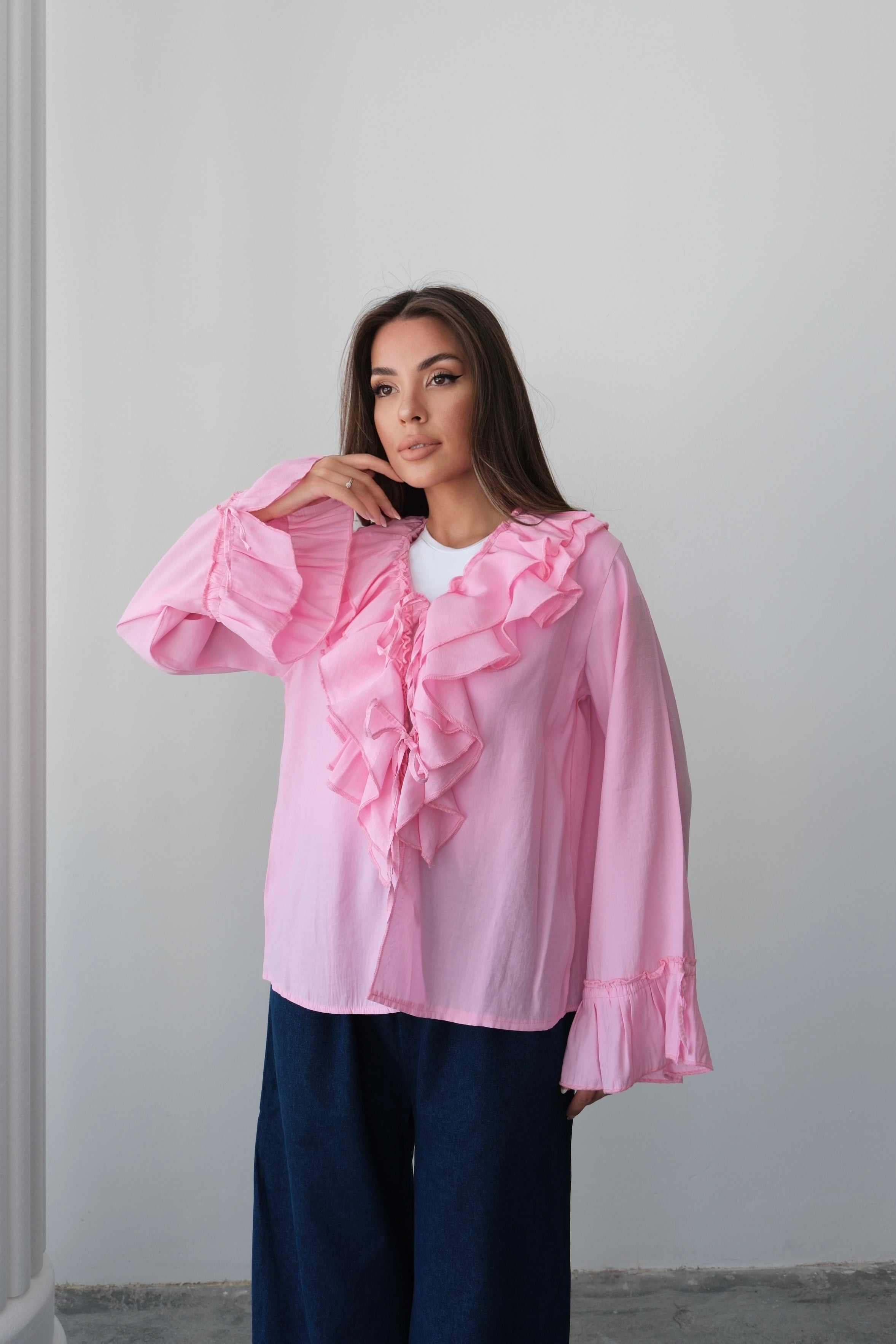 Fırfırlı Bağlama Detaylı Uzun Kollu Bluz 8834 - Pembe