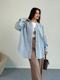Çiçek Nakış Detaylı Oversize Denim Ceket 8829 - Açık Mavi