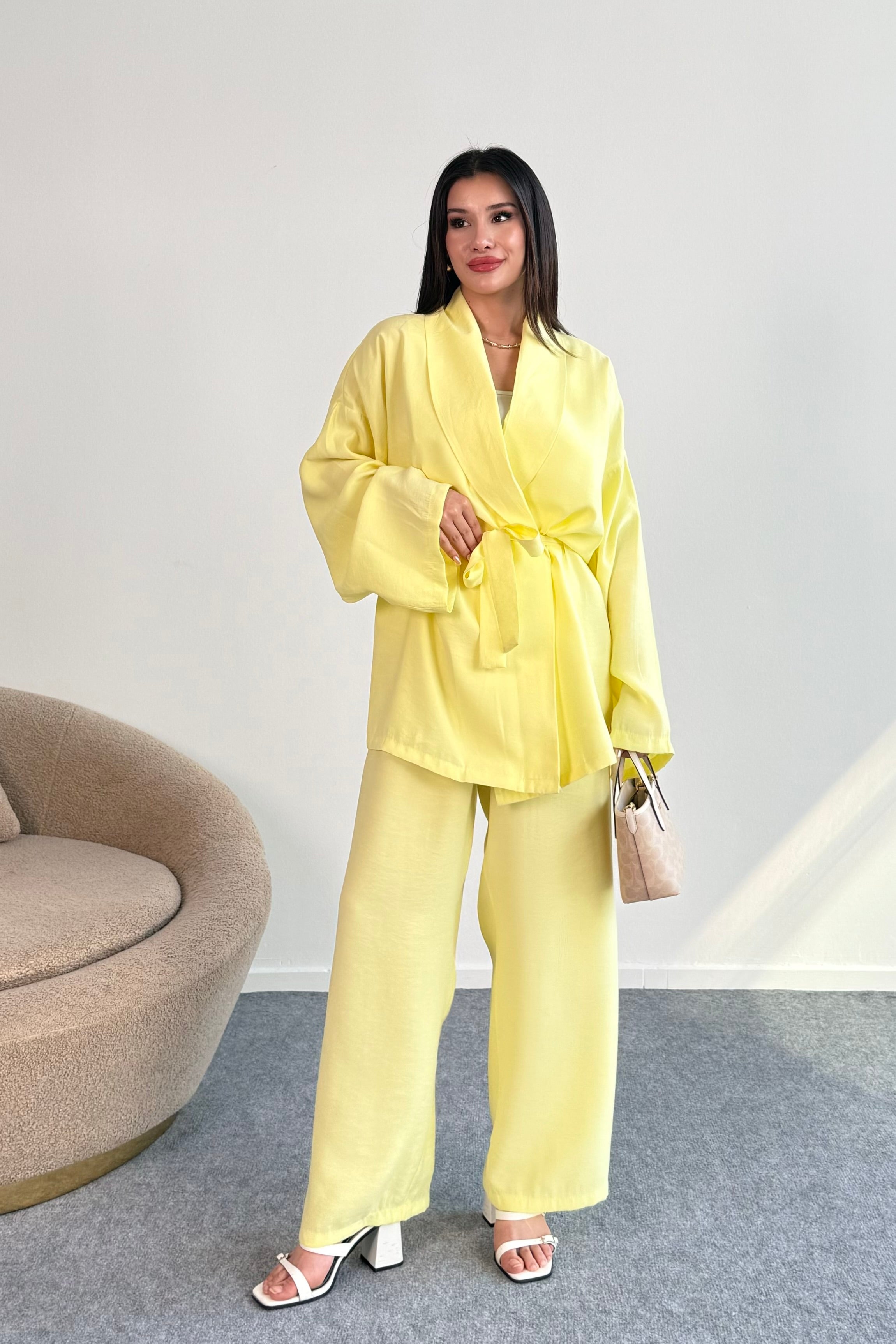 Bağlamalı Kimono Ceket ve Geniş Paça Pantolon İkili Takım 8026 - Sarı