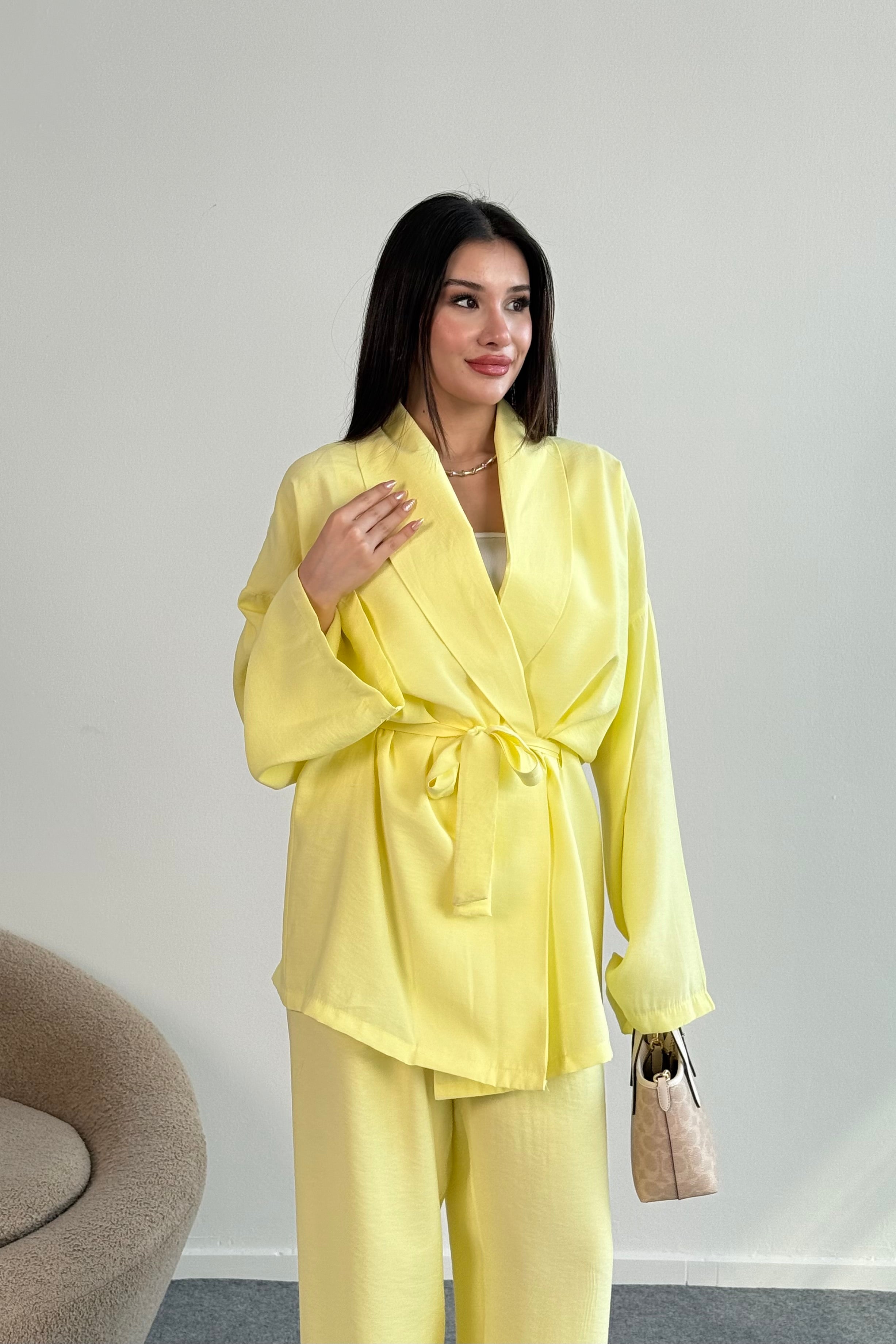 Bağlamalı Kimono Ceket ve Geniş Paça Pantolon İkili Takım 8026 - Sarı