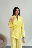 Bağlamalı Kimono Ceket ve Geniş Paça Pantolon İkili Takım 8026 - Sarı