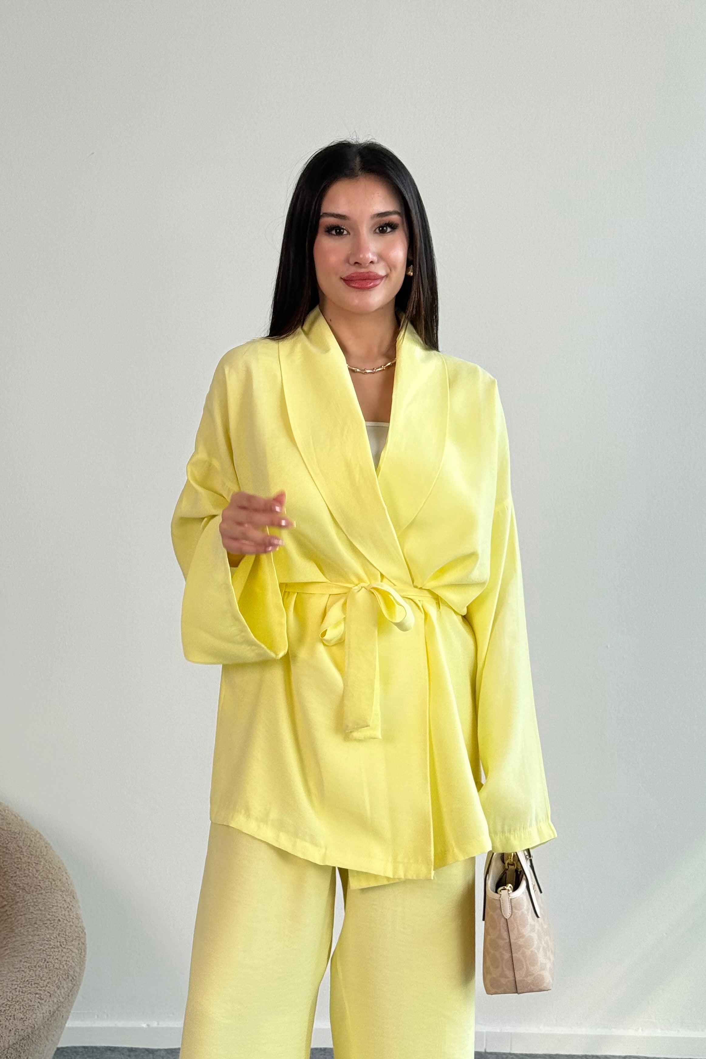 Bağlamalı Kimono Ceket ve Geniş Paça Pantolon İkili Takım 8026 - Sarı