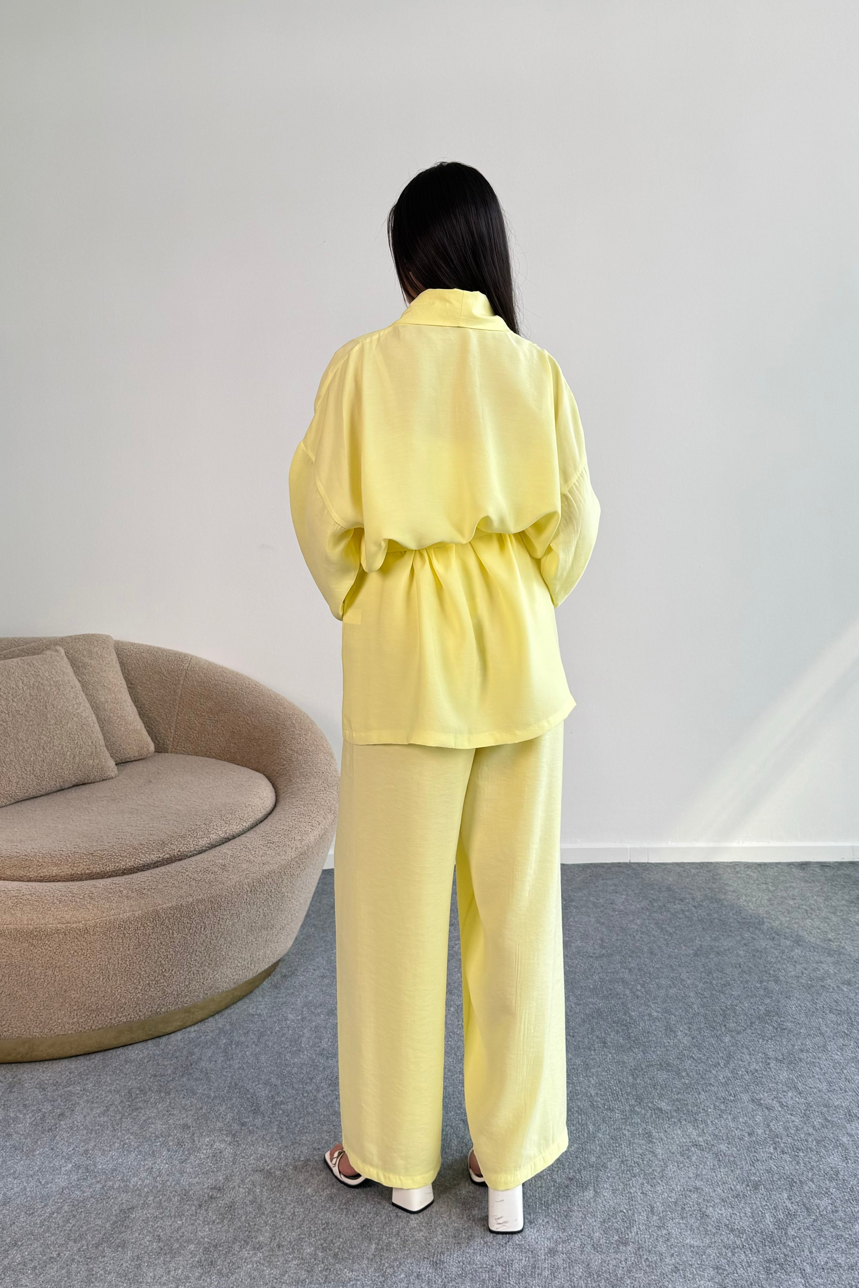 Bağlamalı Kimono Ceket ve Geniş Paça Pantolon İkili Takım 8026 - Sarı