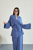 Bağlamalı Kimono Ceket ve Geniş Paça Pantolon İkili Takım 8026 - İndigo