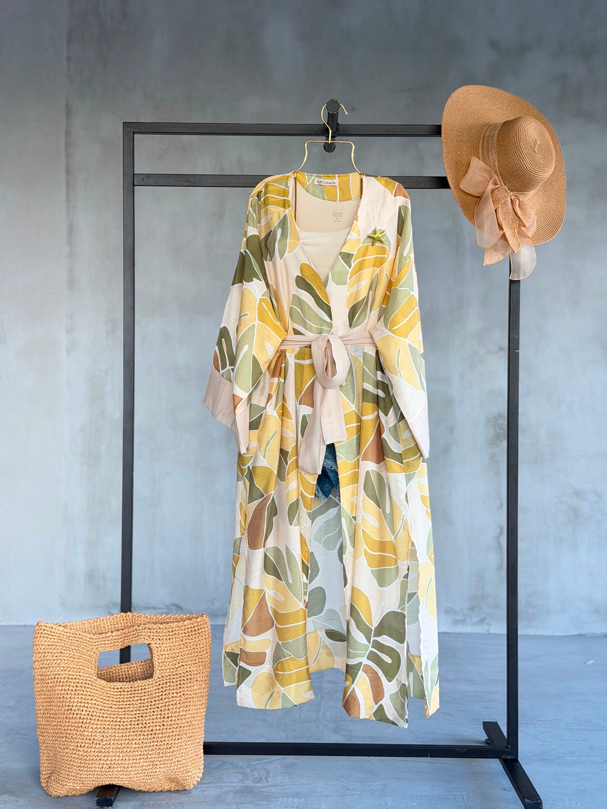 Desenli Belden Bağlamalı Deniz Yıldızı Detaylı Uzun Kimono 0126 - Sarı