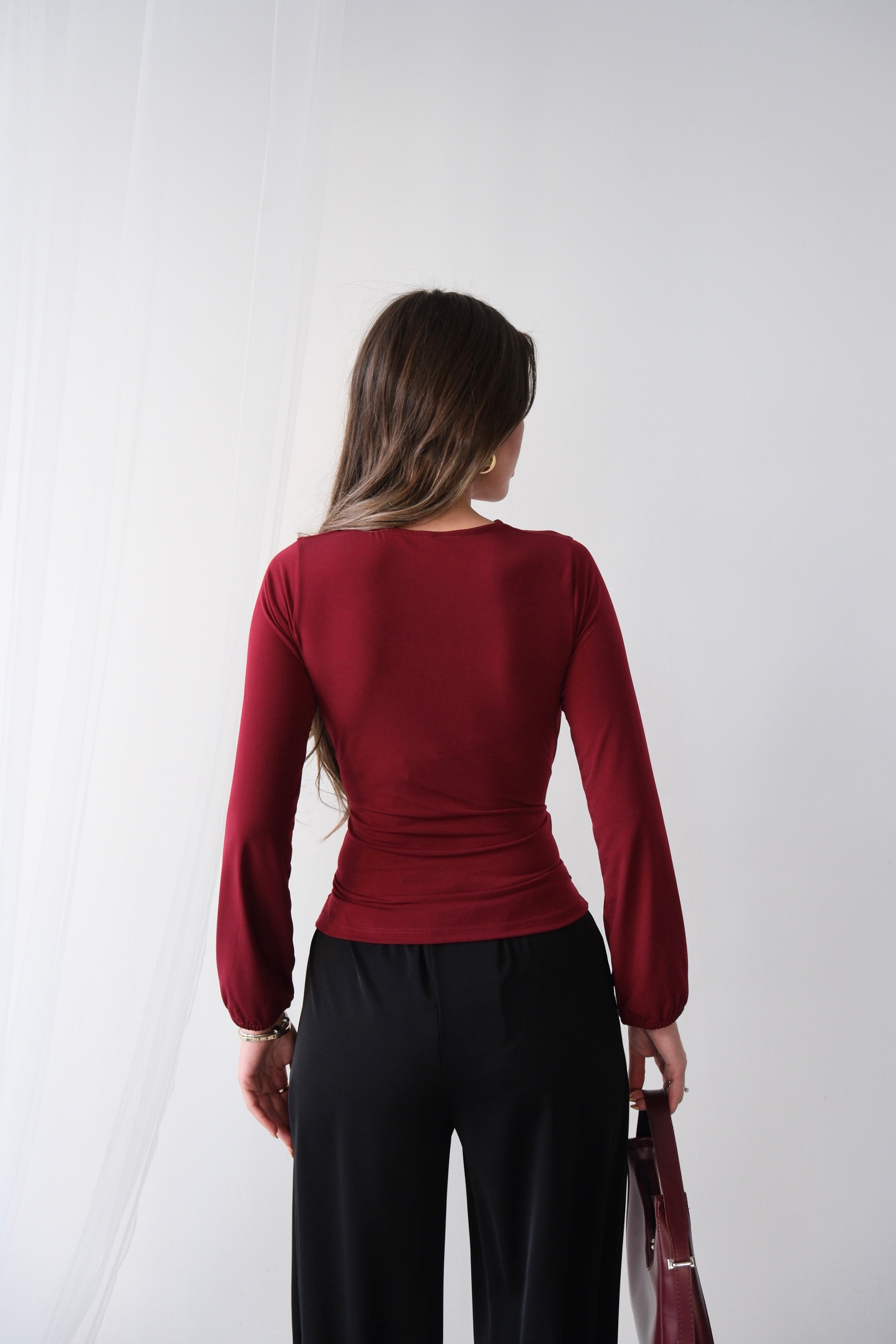 Wrap Detaylı Kruvaze Kesim Uzun Kollu Bluz 2000 - Bordo