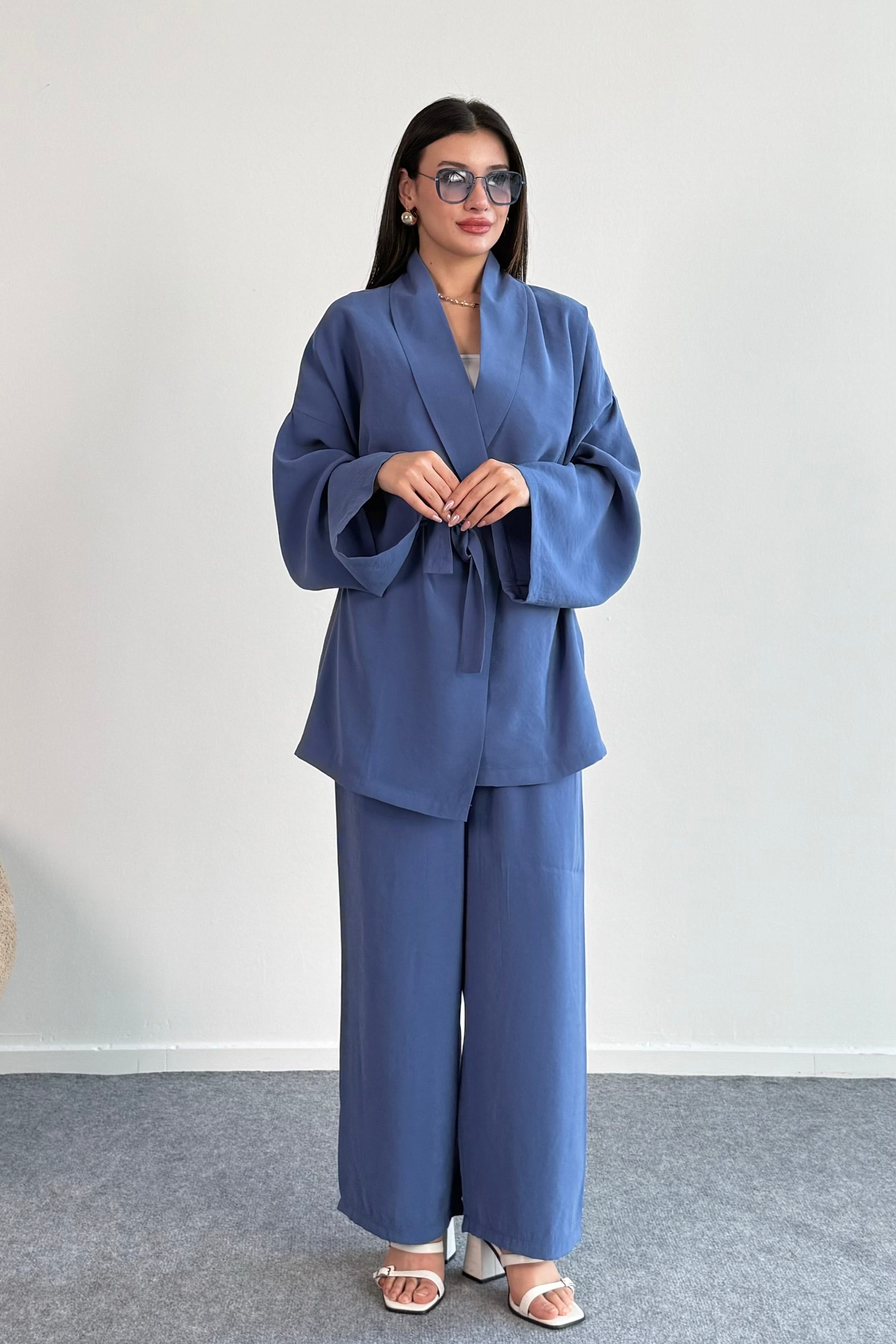 Bağlamalı Kimono Ceket ve Geniş Paça Pantolon İkili Takım 8026 - İndigo