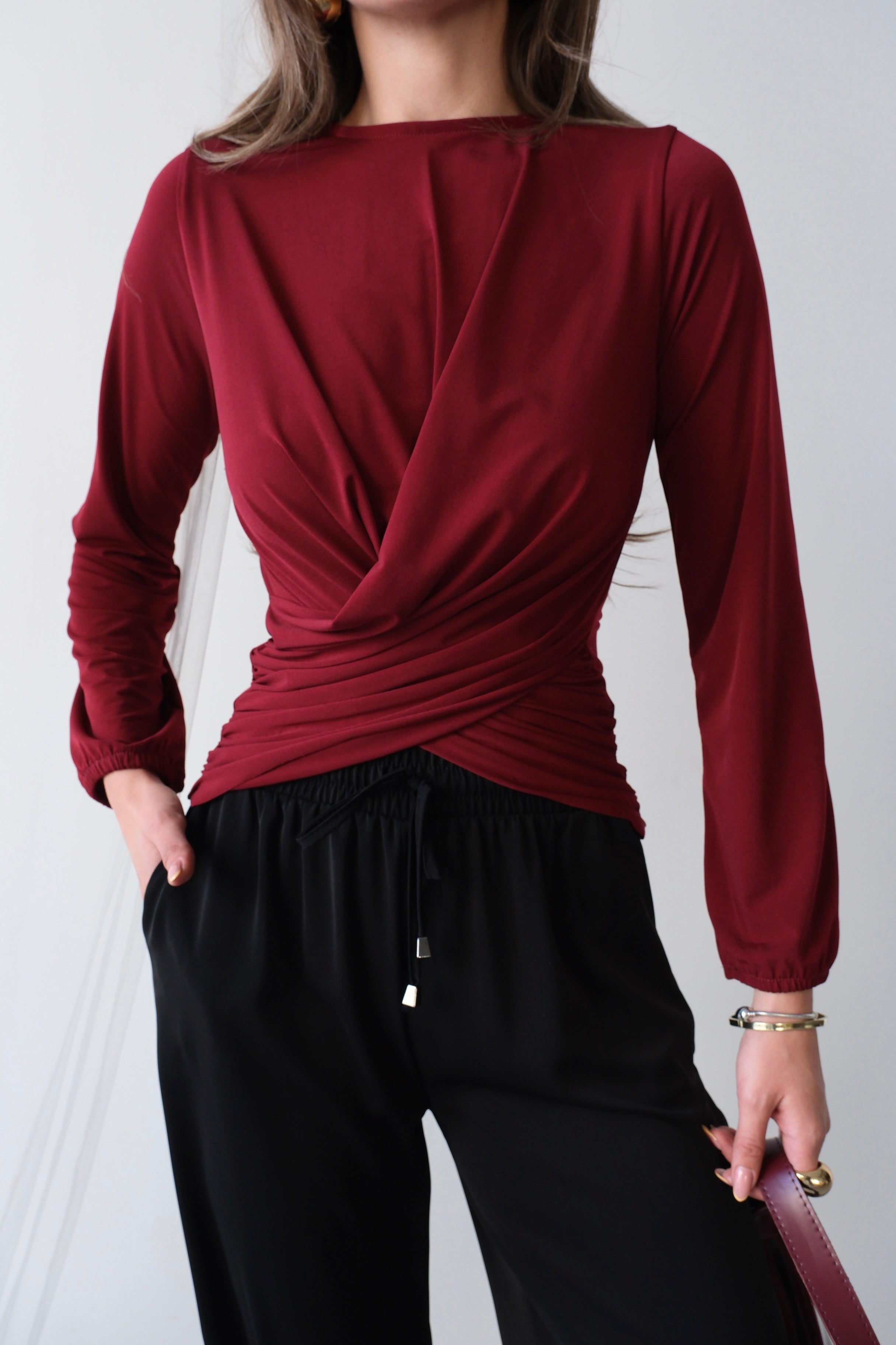 Wrap Detaylı Kruvaze Kesim Uzun Kollu Bluz 2000 - Bordo