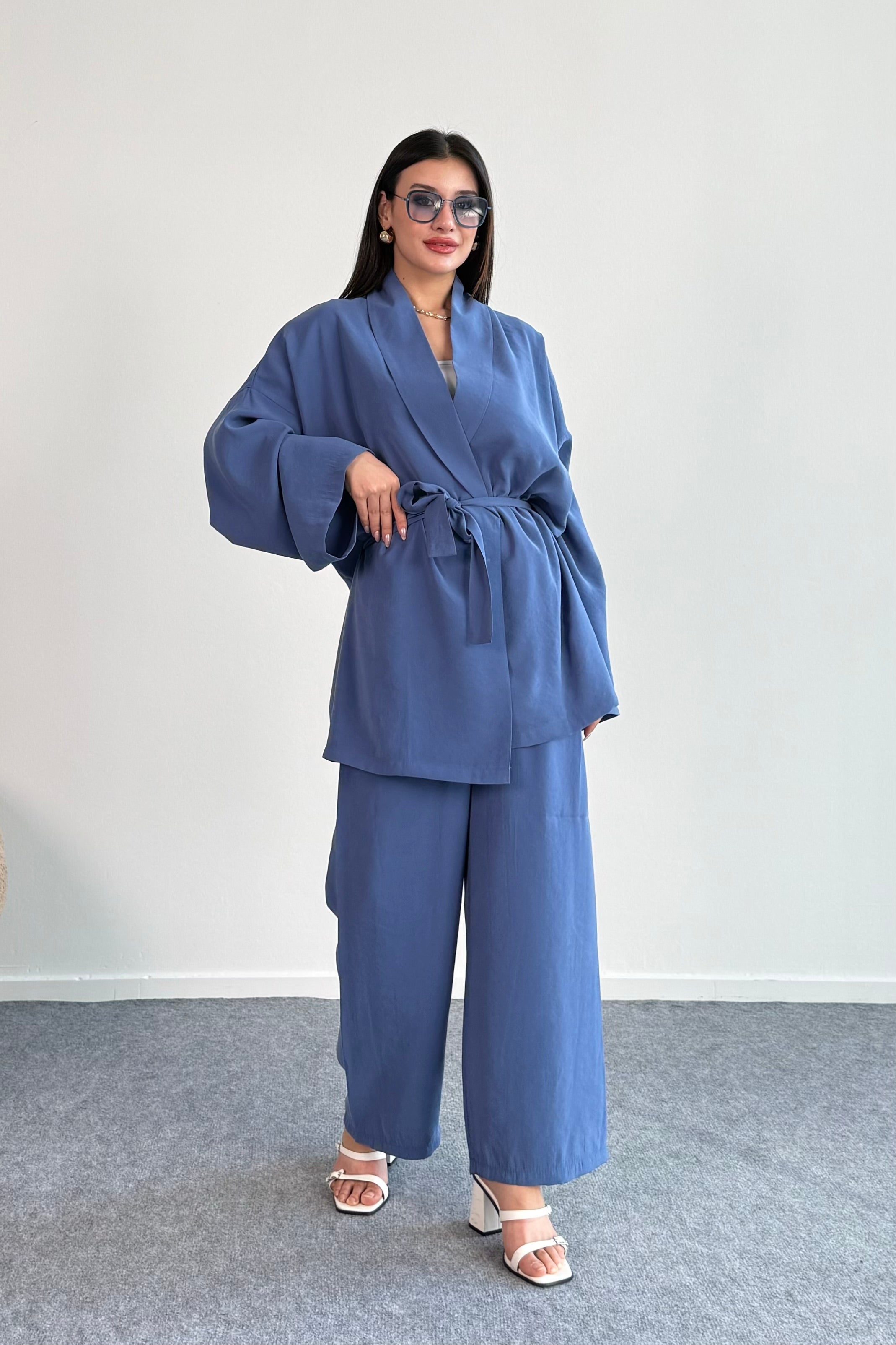Bağlamalı Kimono Ceket ve Geniş Paça Pantolon İkili Takım 8026 - İndigo