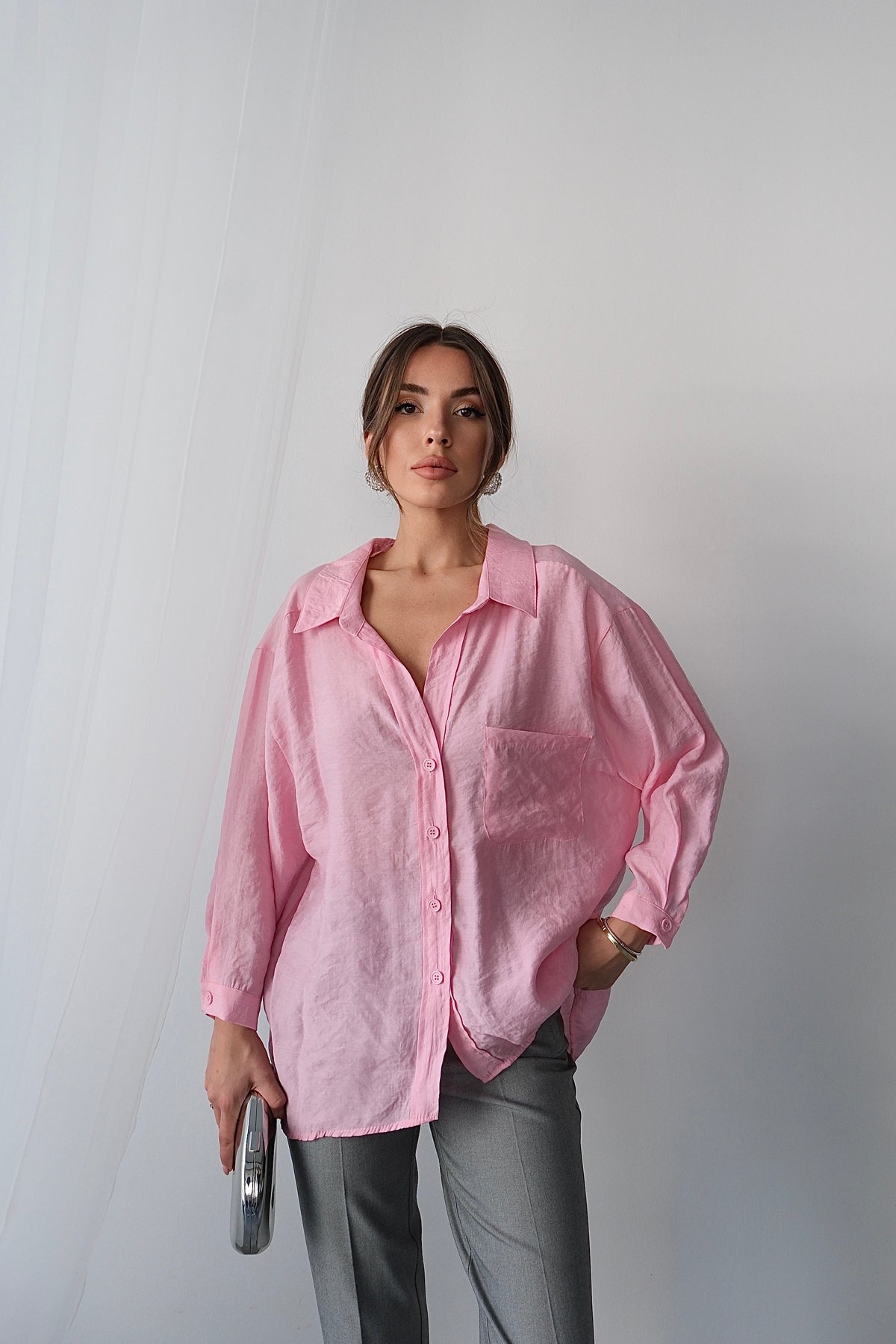 Yazlık Rahat Kesim Modal Kumaş Uzun Kollu Gömlek - Pembe