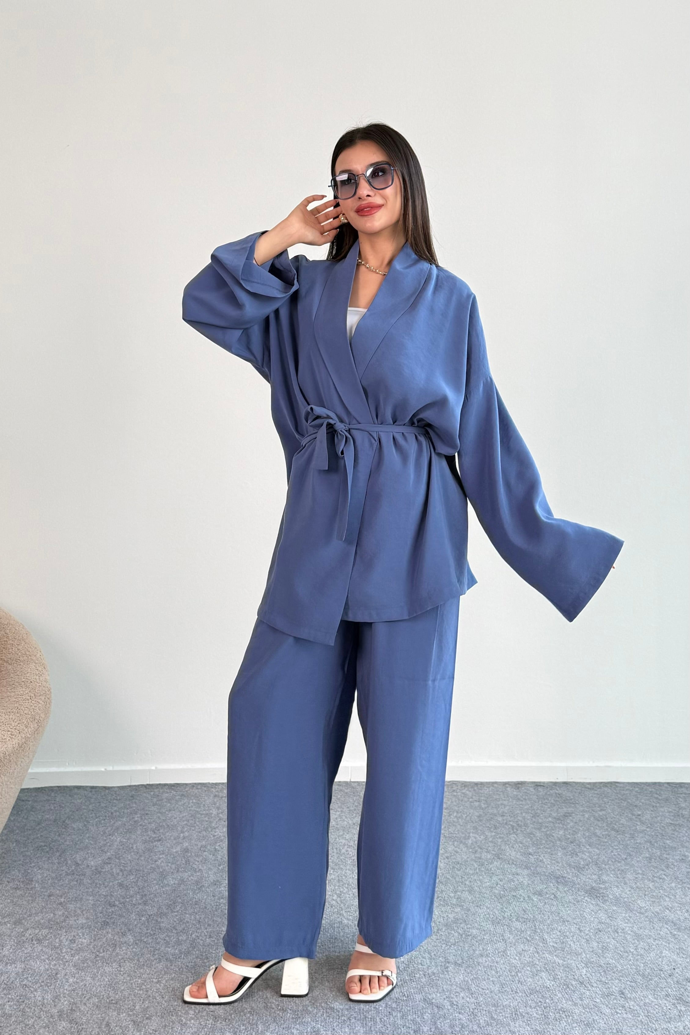 Bağlamalı Kimono Ceket ve Geniş Paça Pantolon İkili Takım 8026 - İndigo