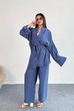 Bağlamalı Kimono Ceket ve Geniş Paça Pantolon İkili Takım 8026 - İndigo
