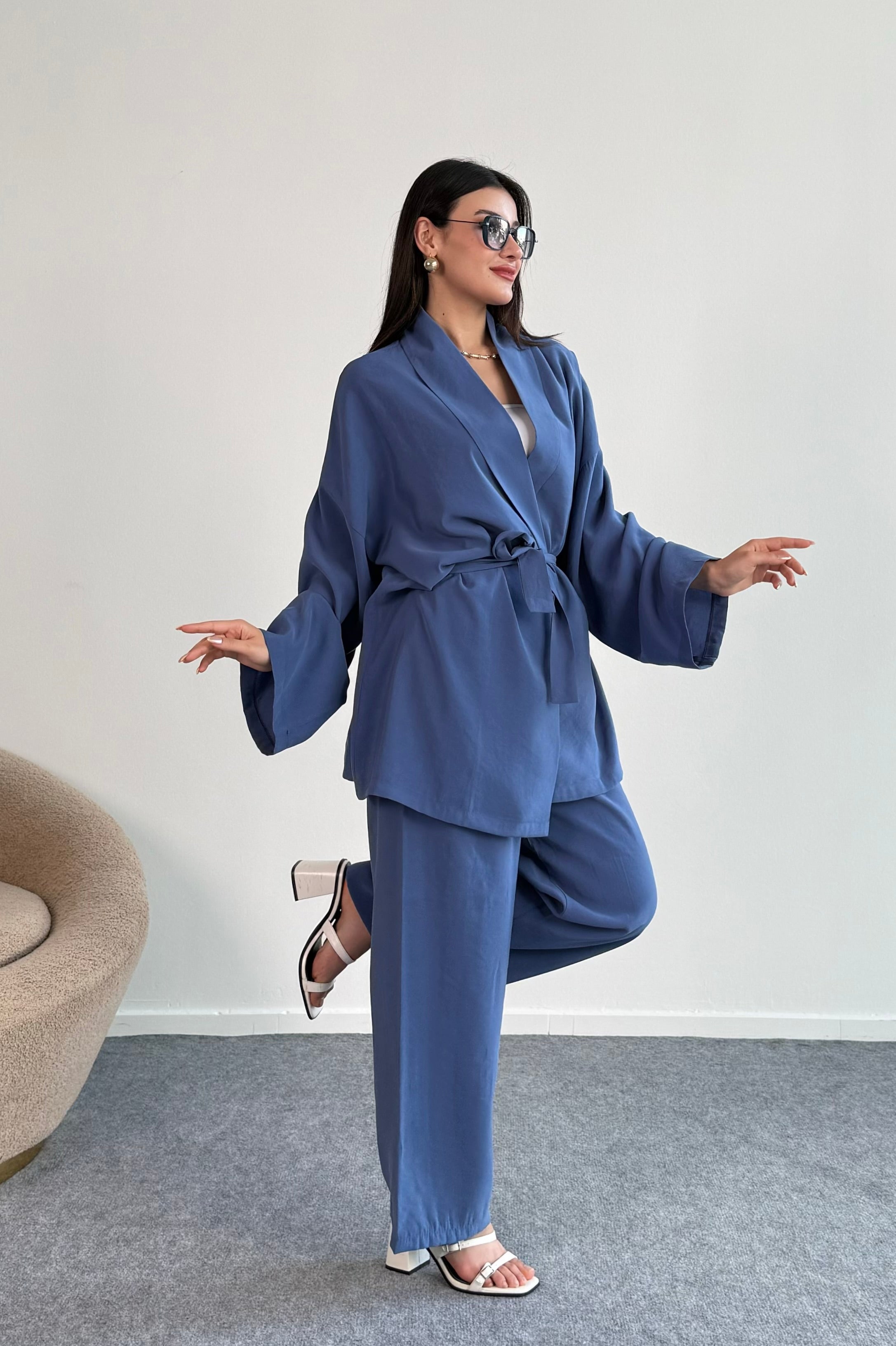 Bağlamalı Kimono Ceket ve Geniş Paça Pantolon İkili Takım 8026 - İndigo
